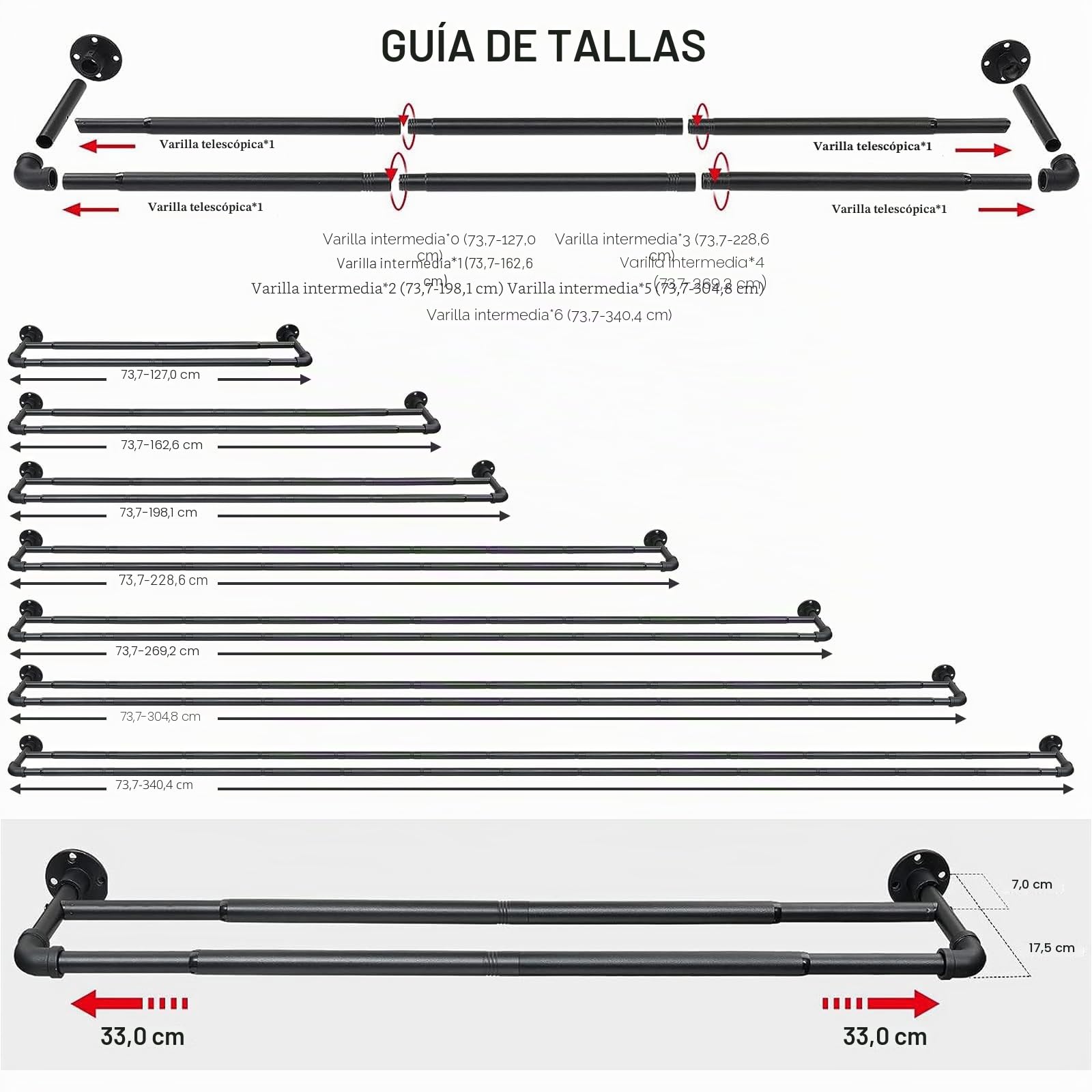 Barras de Cortina Doble Estilo Industrial, 73-127cm Barra de Cortina Doble Extensible con Cabeza de Brida y Soportes, Barra de Cortina de Acero Inoxidable Decorativa Ajustable para Sala/Negro Mate