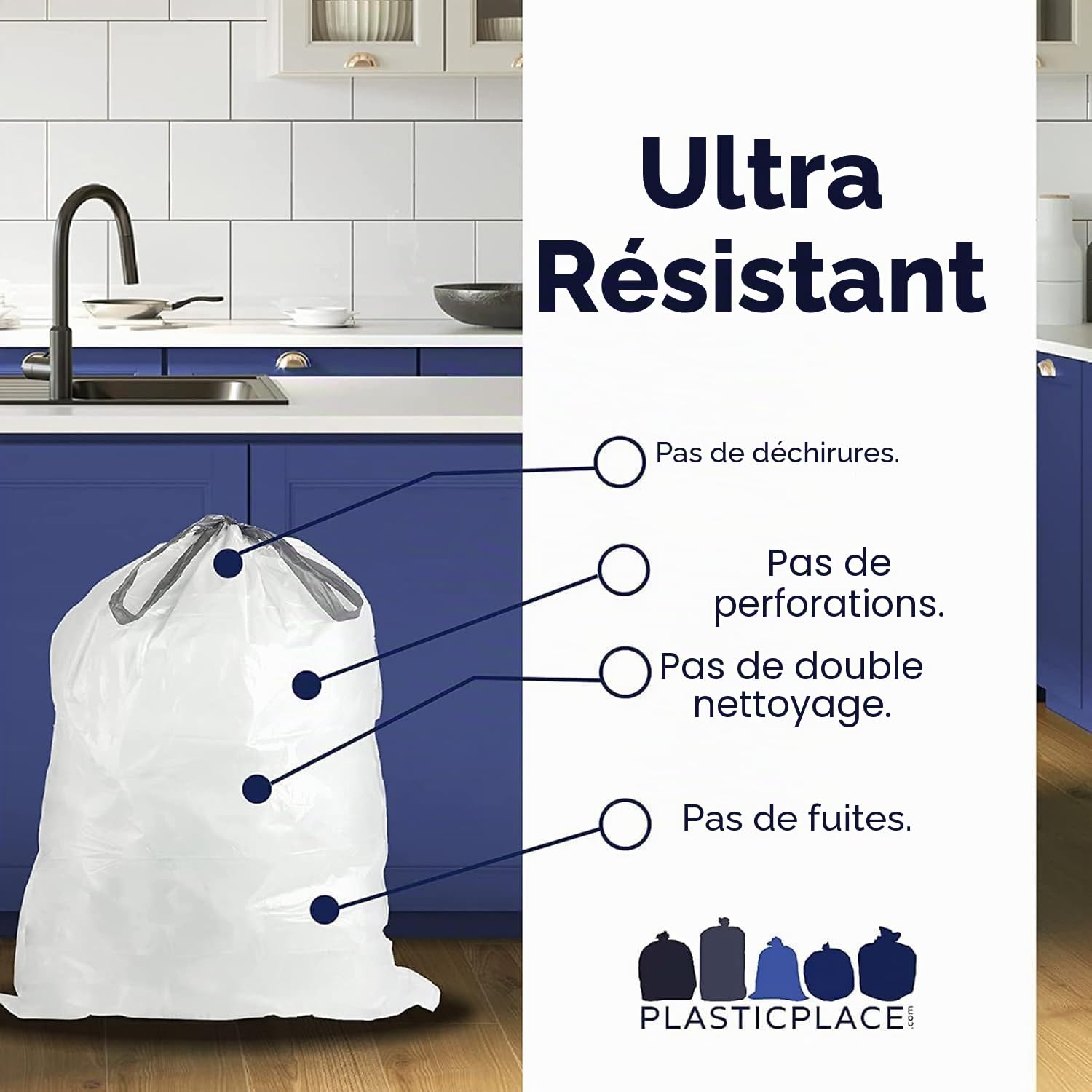 Plasticplace Sacs poubelle sur mesure Compatible Simplehuman TRA175WH Code H Blanc avec cordon de serrage 30-35 L 47 x 71 cm