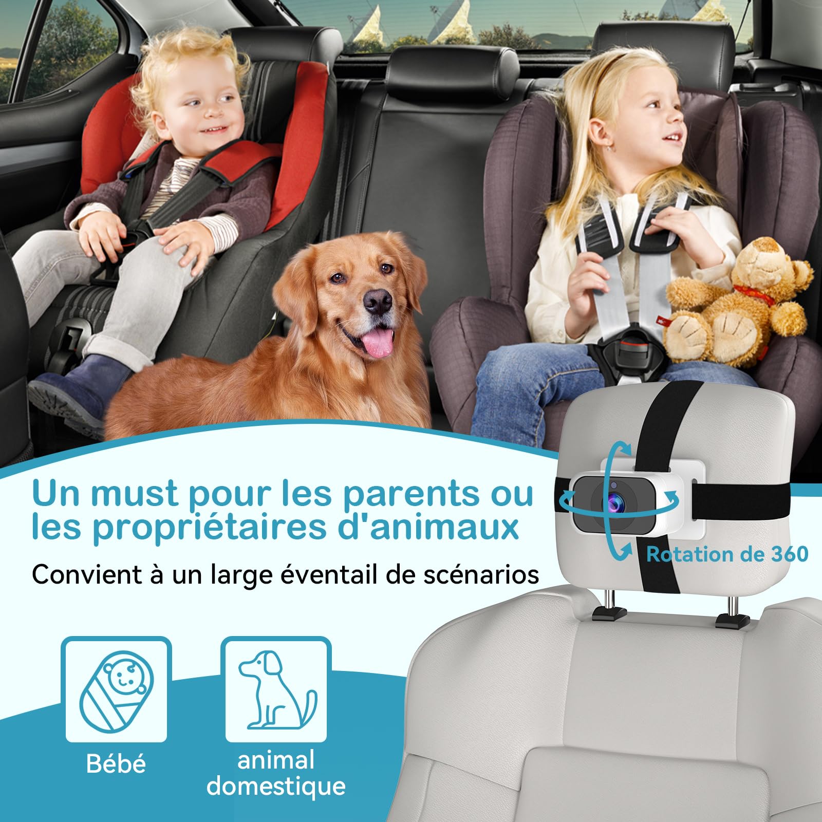 Caméra Voiture Bébé pour 2 Enfants : Écran IPS 7 Pouces avec Deux Caméras pour Siège Auto, Écran Partagé, Vision Nocturne, HD 1080P - Caméra Arrière Facile à Installer Tomoia