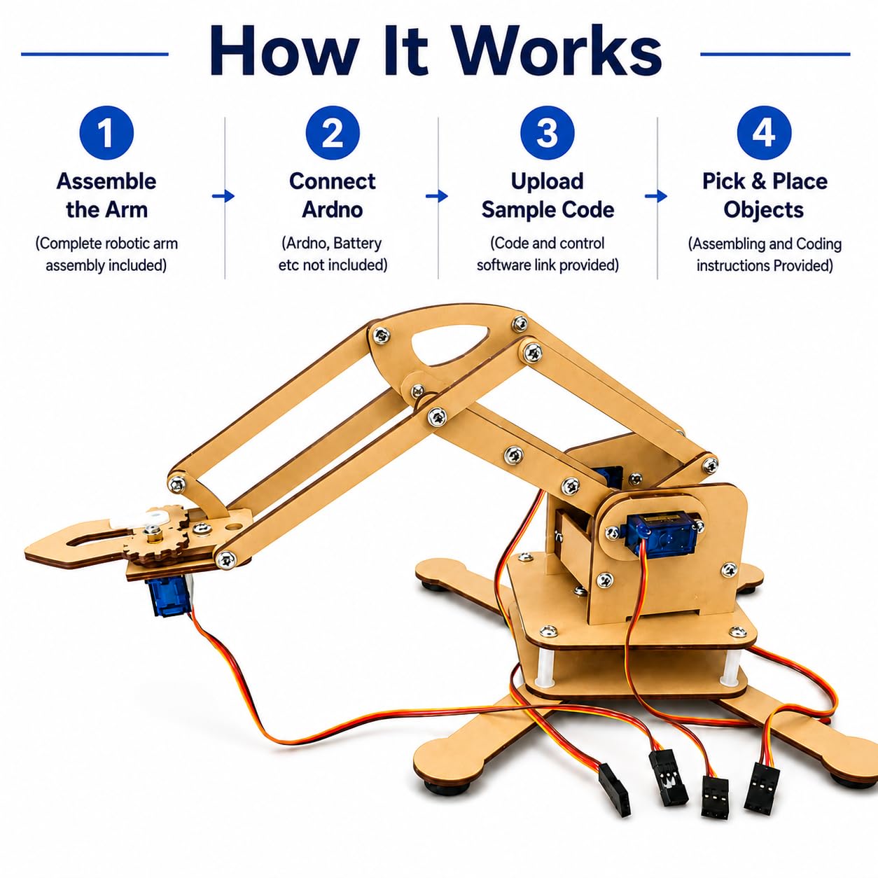 Kit4Curious 4 DOF servo Controlled Robotic arm with Gripper Complete kit with 4 servo Assembled 1