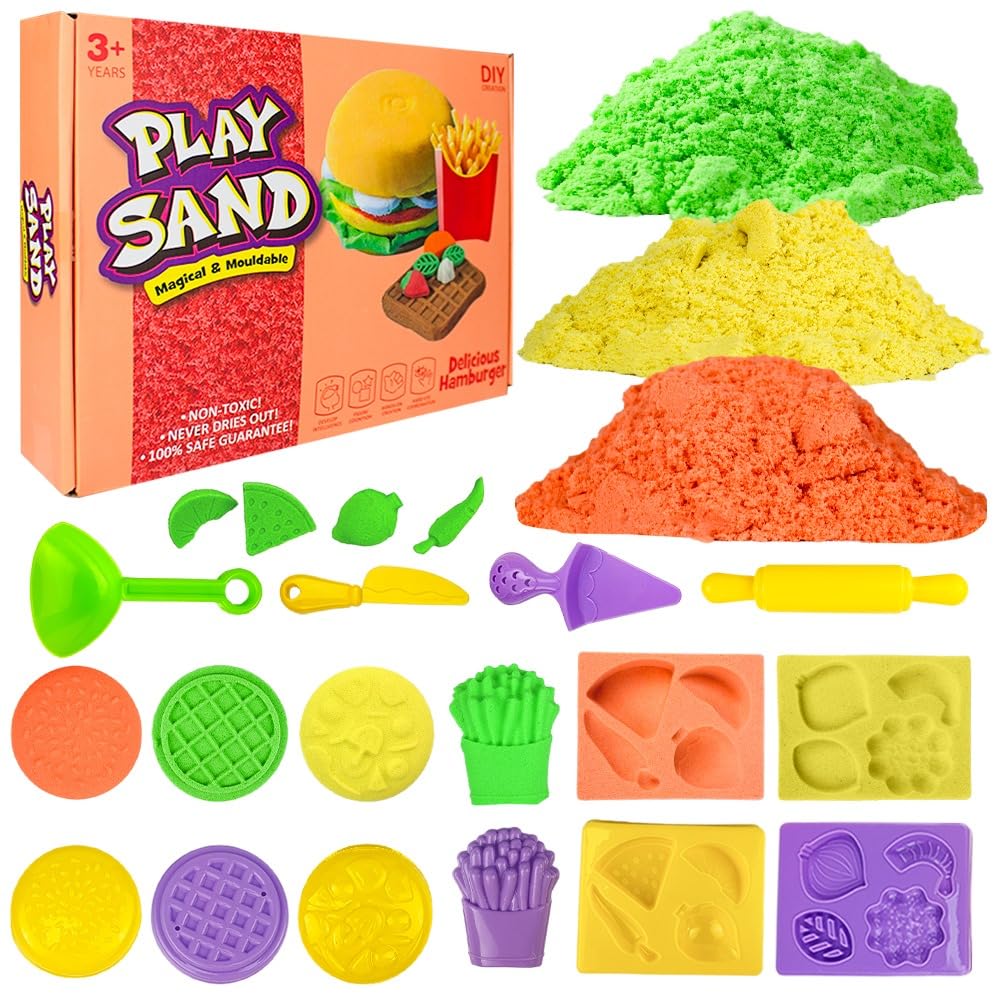 UKR Magical Moldable Play Sand Kit for Kids 750g/0.75Kg DIY Delicious Hamburger Molds & Tools Set - Sensory Colorful Sand for Indoor & Outdoor Fun (Food Fiesta)