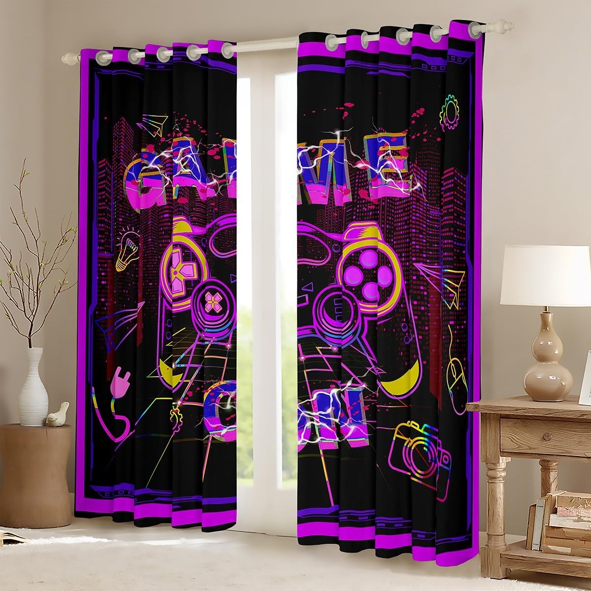 Feelyou Gaming Curtains for Bedroom Living Room Gamer Neon Purple Pink Blackout Curtains Kids Hippie Graffiti Game Darkening Dreapes Modern Gamepad Window Treatments (2 Panels, 42 x 84 Inch)