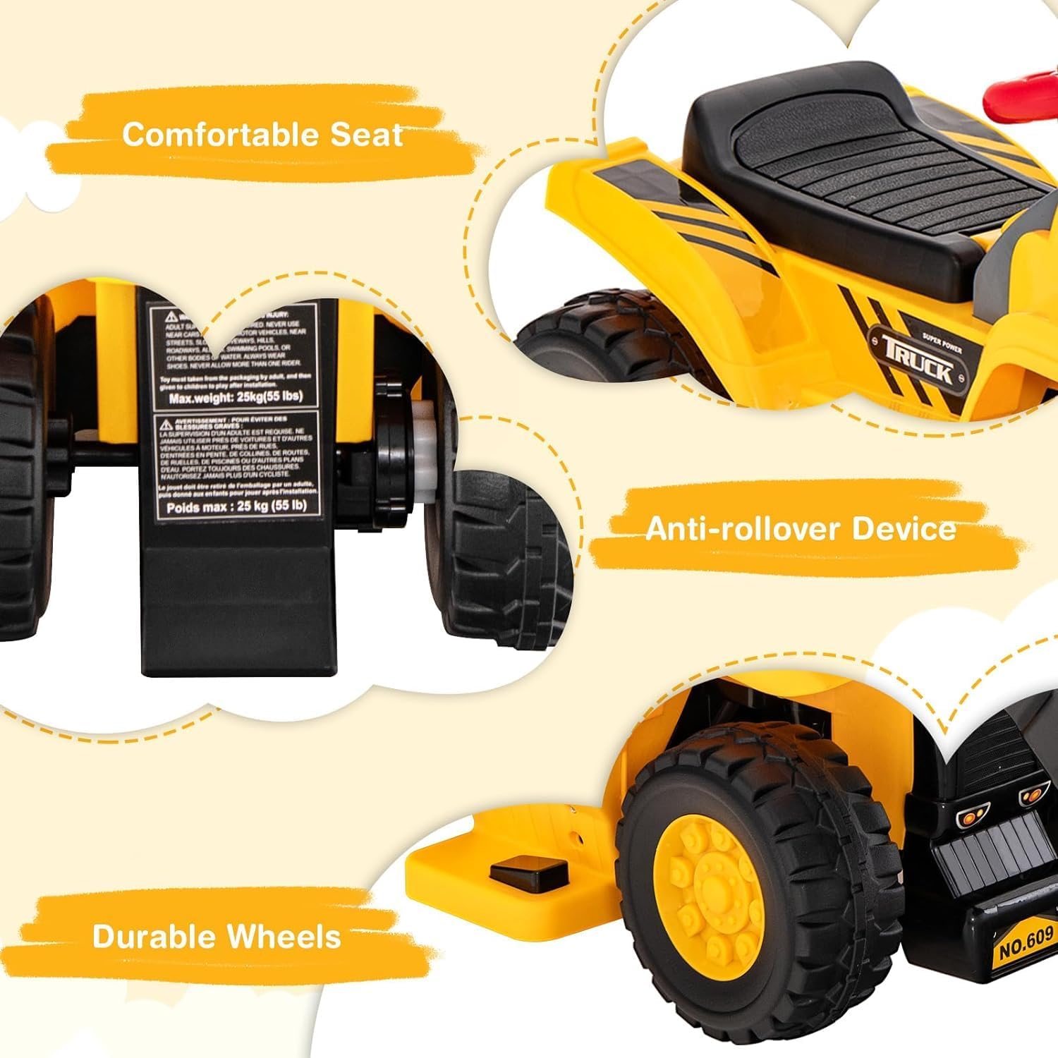 Image highlighting the comfortable seat, anti-rollover device, and durable wheels of the ride-on excavator, emphasizing safety and comfort features.