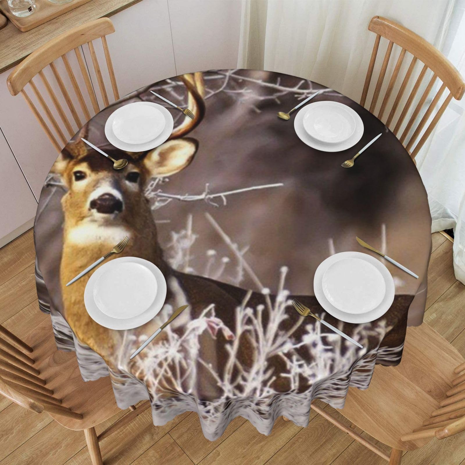 DCEHGEW 60 In Round Tablecloth with Lace, Free Whitetail Deer Printed Oilproof & Washable Fabric Picnic Table Cloth Table Covers
