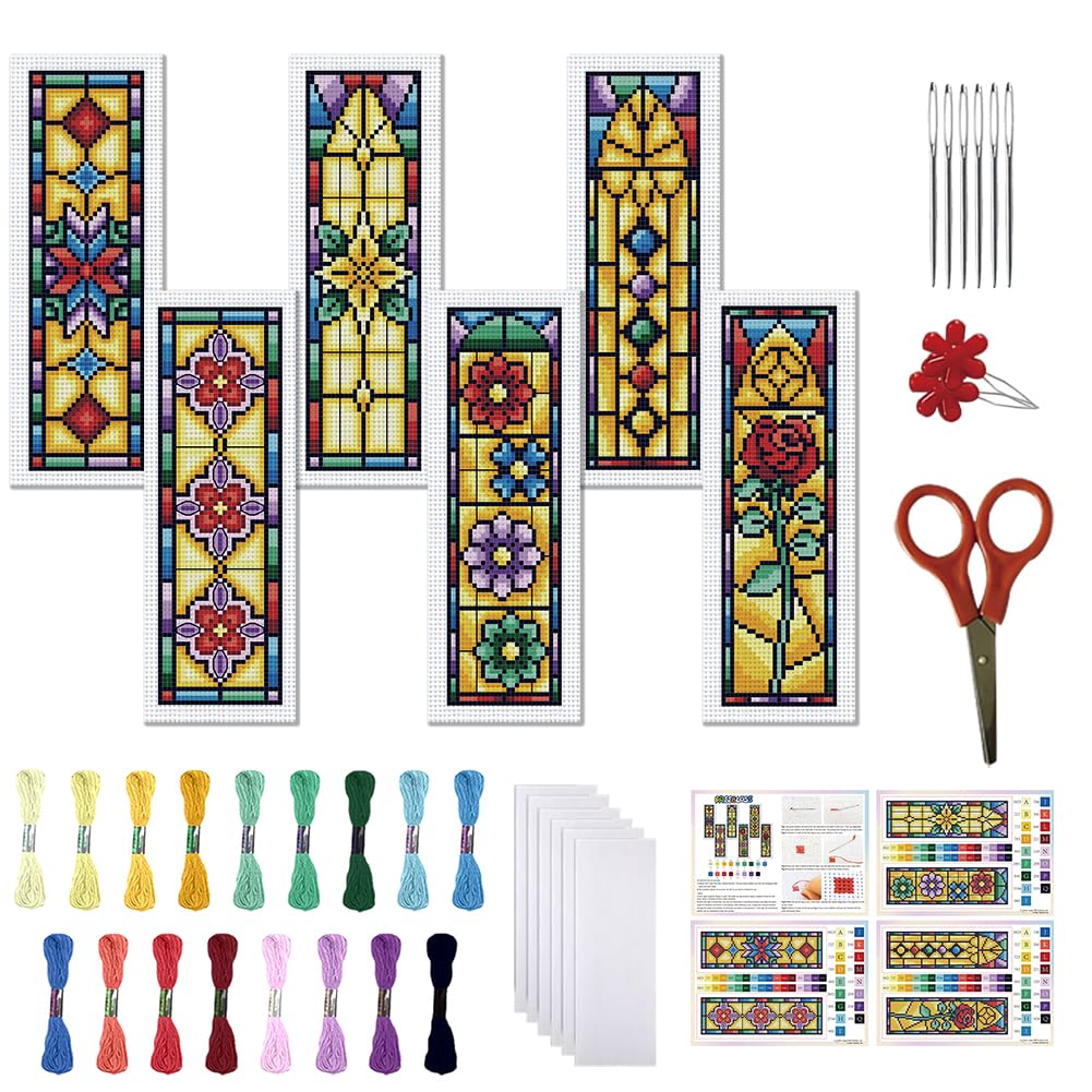 FREEBLOSS 6 Set 11CT Cross Stitch Bookmark Kits Stained Glass 8x2.4inch — image 1