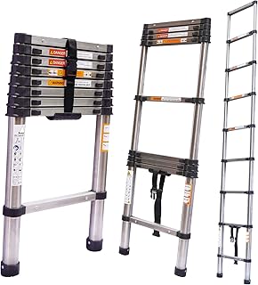 Extendable Telescoping Ladder, Folding Ladders Multi Purpose 2.6M for House, Portable Telescopic Extension Loft Ladders, Stainless Steel Portable Collapsible Library Ladder with Non-Slip Rubber Feet