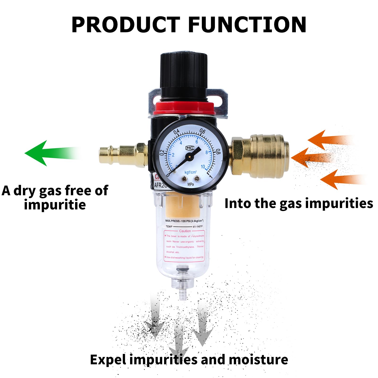 Reductor de presión de aire comprimido, Regulador de Presión de Aire Comprimido, Rosca 1/4 BPS AF2000 válvula reguladora de presión manómetro separador de aire aceite agua para Compresores Aire