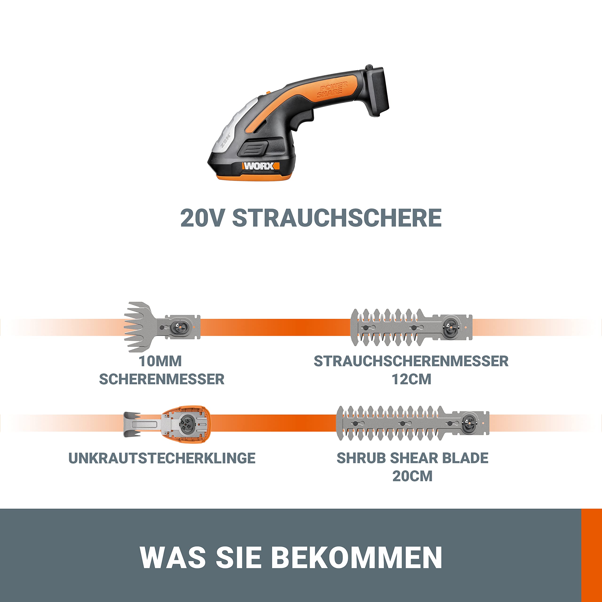 WORX WG801E.91 Heckenschere 20V, ohne Akku & Ladegerät | 4 in 1 Multiwerkzeuge für Heckenschere, Rasenmäher, Heckenschneider und Schuppen, Einfacher Klingenwechsel