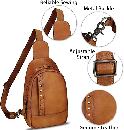Miniatura 6 de IVTG Bolso bandolera de cuero genuino para mujer, mochila bandolera para el pecho, hombro, senderismo, vintage, hecho a mano, casual, bolso cruzado