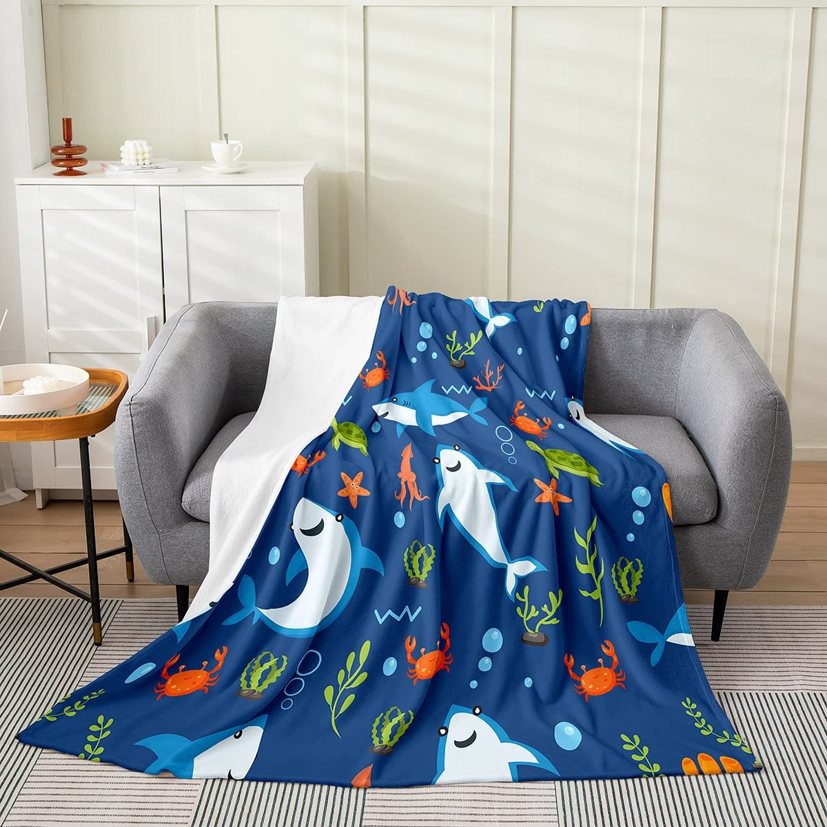 Feelyou Kids Cartoon Shark Plush Throw Blanket, Twin 60"x80" Sea Turtle All Season,Bed Blanket for Boys Girls Teens Bedroom Decor Ocean Creature Flannel Fleece Blanket Sea Underwater World
