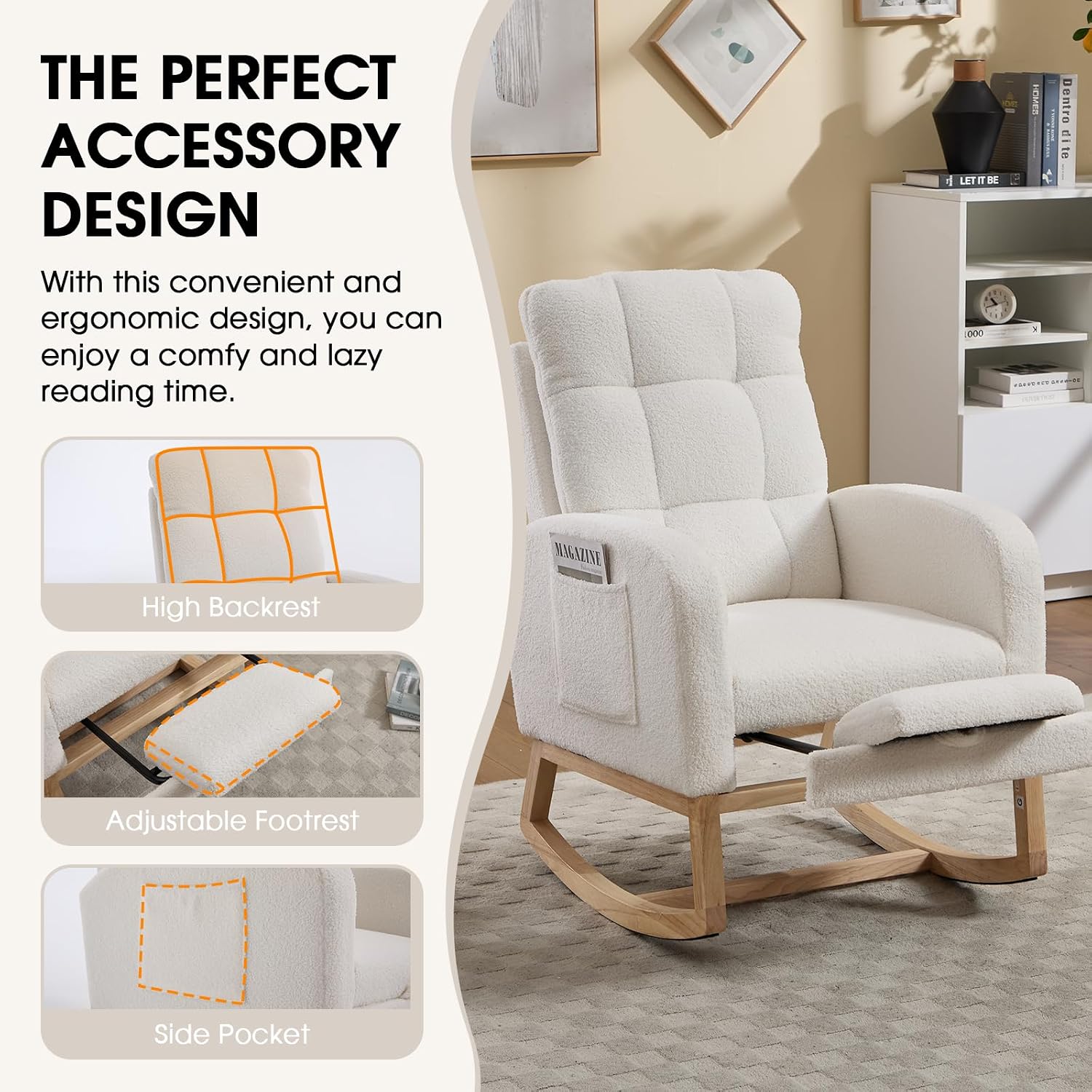 Nursery Rocking Chair, Teddy Boucle Upholstered Glider Rocker with Adjustable Footrest, High Back Rocker with Side Pockets, Comfy Accent Reading Chair for Living Room (White Retro)