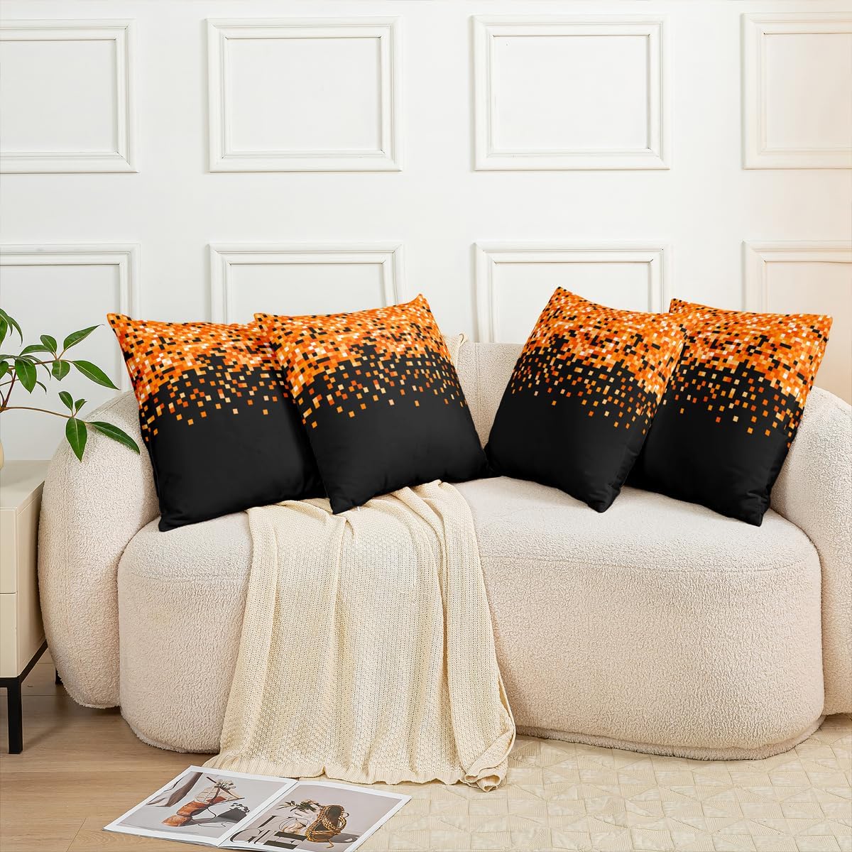 Video Games Throw Pillow Covers (Pack of 2),Orange Pixel Block Cushion Cover for Kids Girls Boys Miner Themed Gaming Pillow Cases Modern Black Living Room Sofa Bed Decor,16" Lx16 W image 5