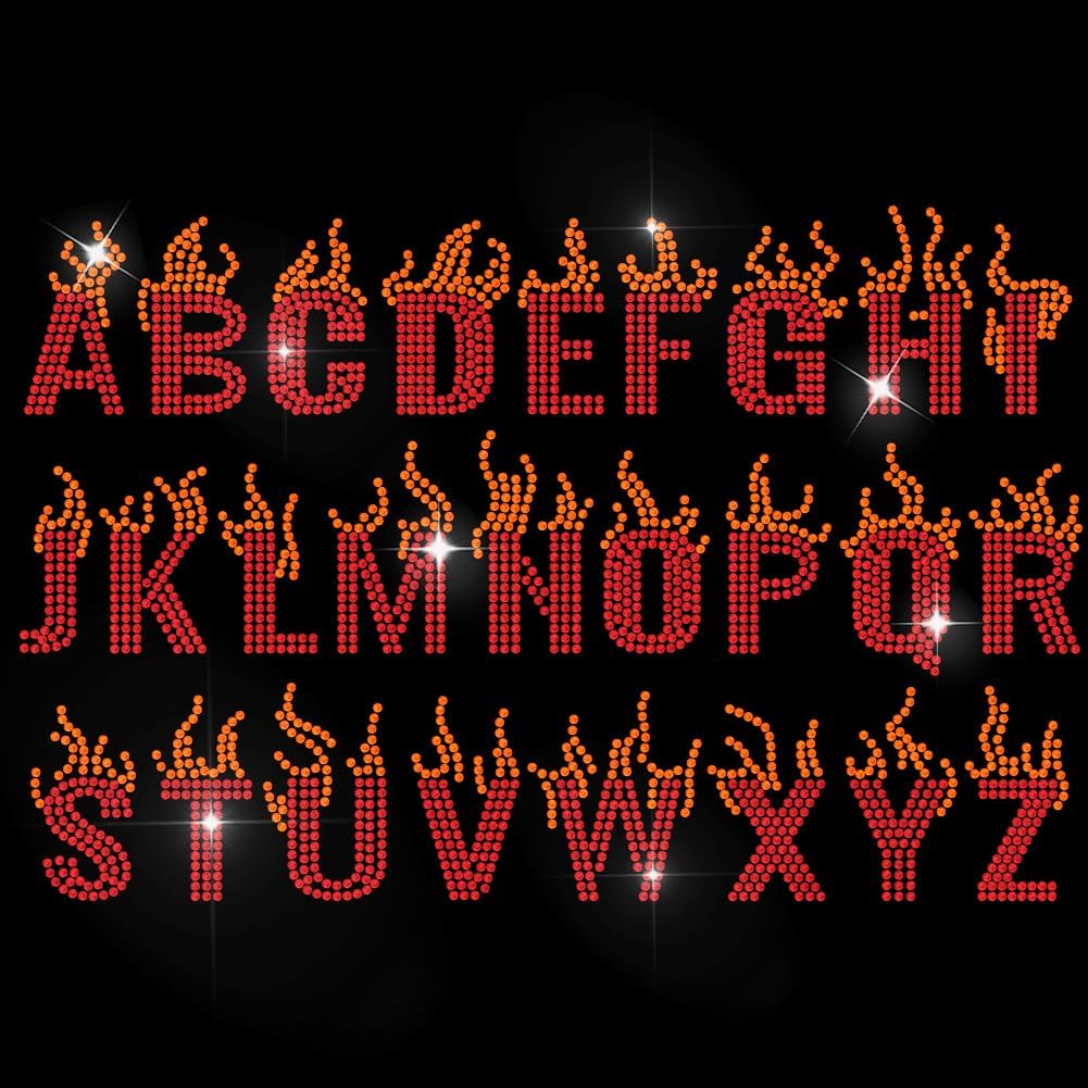 MAYJOYDIY Flame Letters Rhinestone Iron on Decal 26-Letter Alphabet Hotfix Transfer Sticker A-Z Letters Heat Transfer Applique for Clothing Repair T-Shirt Jacket Garment Bag DIY Decor