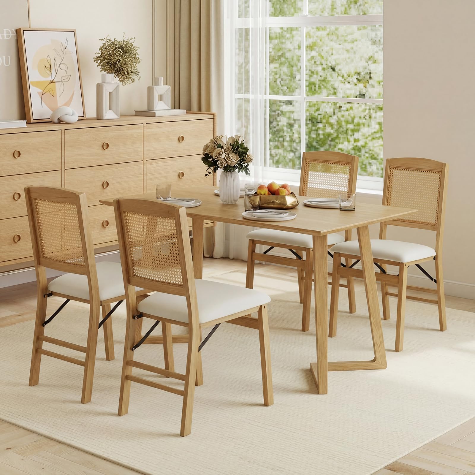 COSTWAY Klappstühle 2er Set, Rattan Esszimmerstühle mit gepolsterten Sitzen & Massivholzrahmen, Küchenstühle klappbar, armlose Polsterstühle bis 180 kg belastbar, für Esszimmer, Küche, Wohnzimmer