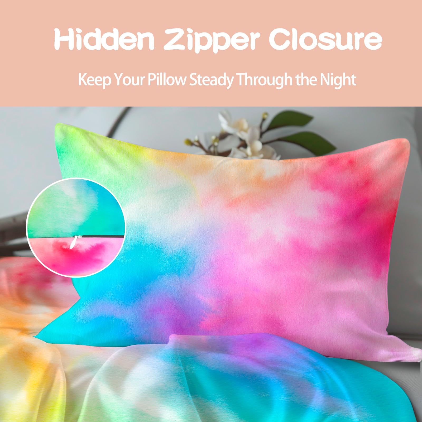 Sinpooo Satin Pillowcase for Hair and Skin,Softer Than Mulberry Silk Pillow Cases 2 Pack, Fade Resistant, Satin Pillowcases with Zipper, Cooling Pillow Cases Standard Size Set of 2, Rainbow Tie Dye