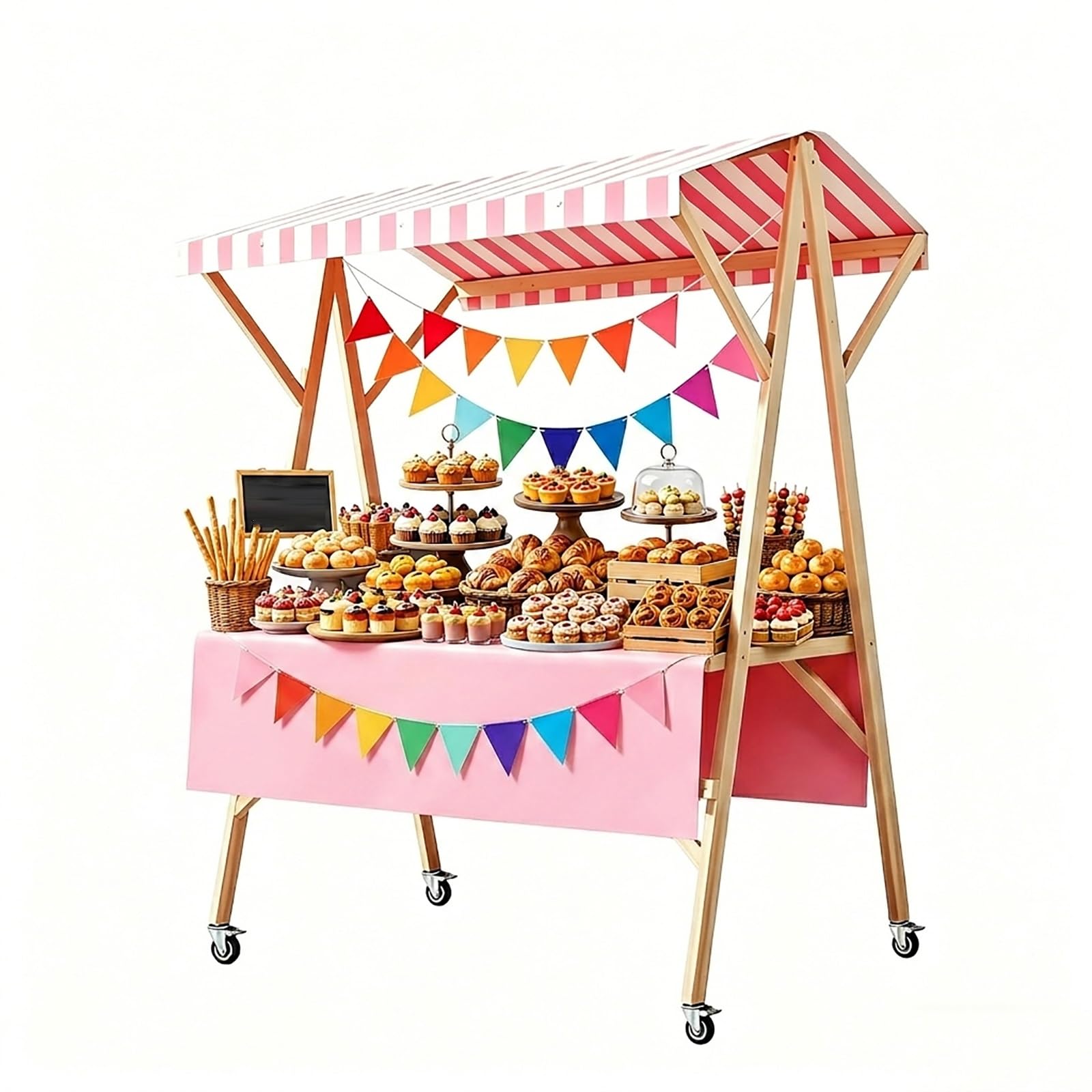 WYHBXD Wooden Market Stall Cart with Canopy, Foldable Vendor Booth on Wheels for Farmers Markets, Lemonade Stand, Parties, Blue(Pink,150cm/59)