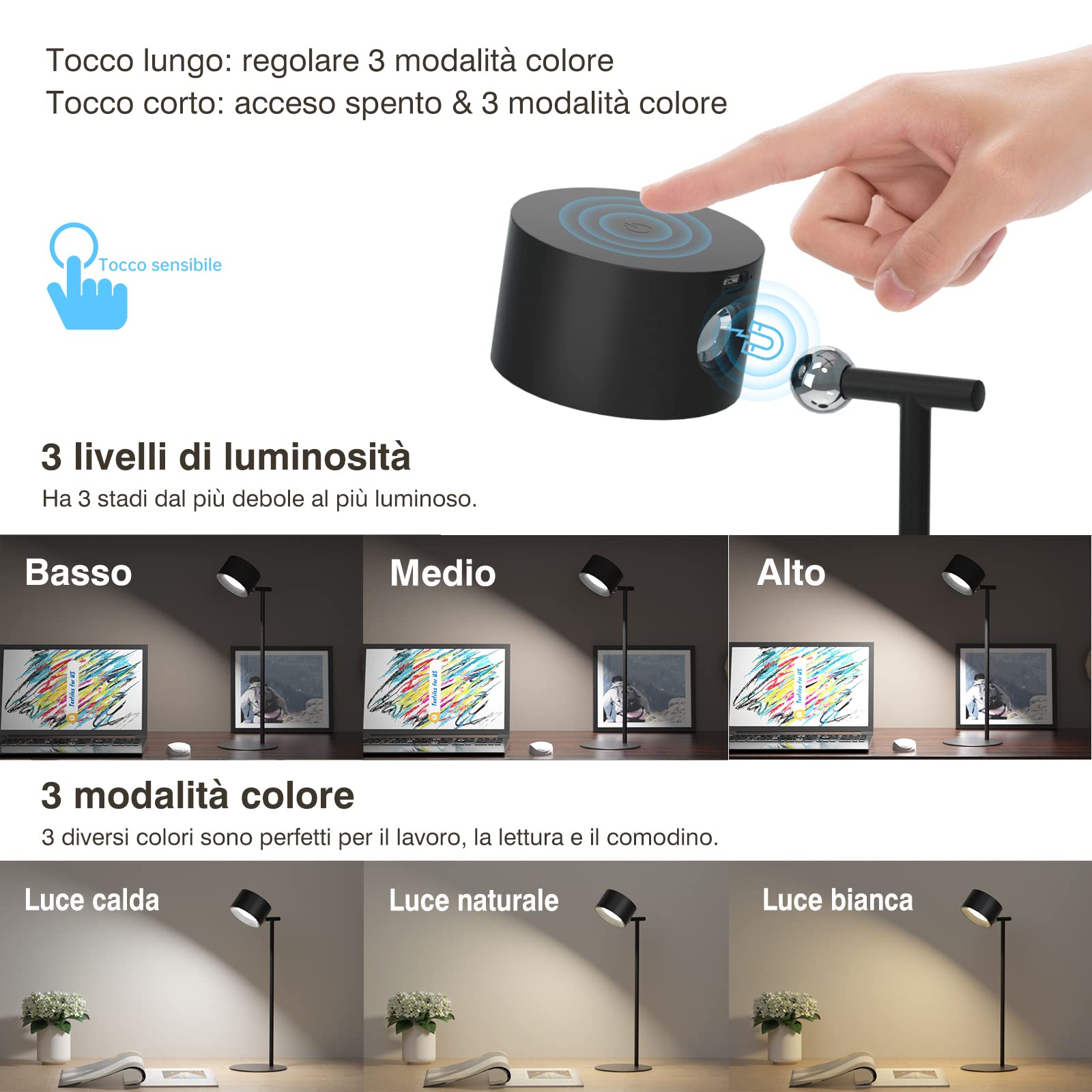 Lampada Da Tavolo Senza Fili Ricaricabile - 3 Modalità Luce, 3 Livelli Luminosità, Touch Control, 360° - Foto 12