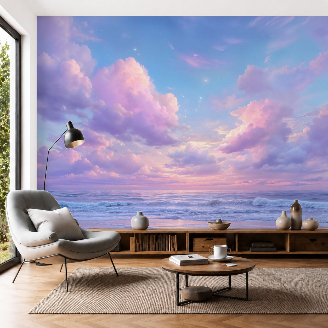 3D Carta Da Parati Panoramica costiero da sogno | 300x210cm Fotomurale in Seta Murali Spiaggia romantica tra le nuvole Per Adulto Camera Dei Bambini, Ristorante Decorazione Grandi Murali Poster