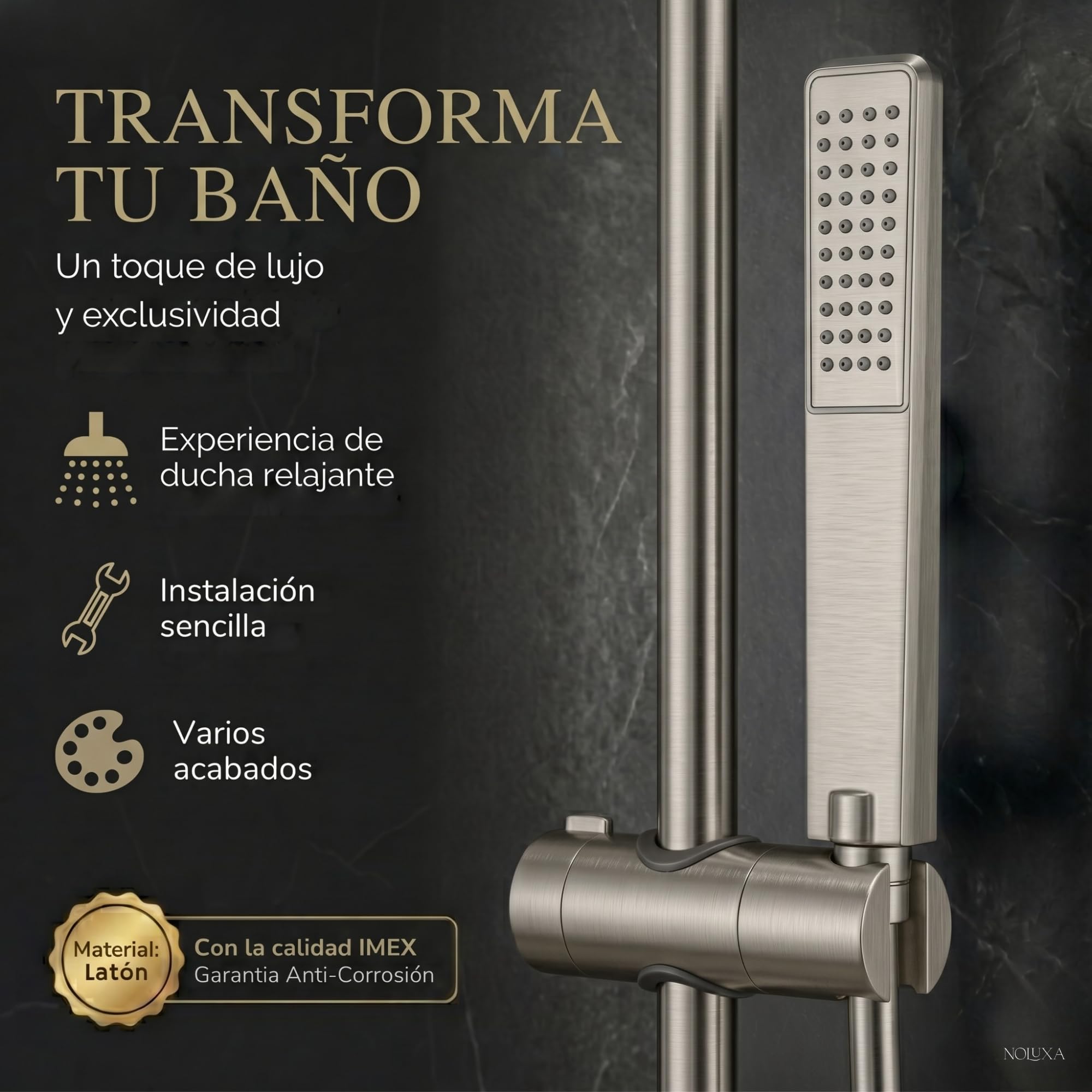 IMEX - Columna Ducha Termostatica Níquel con Grifo | Conjunto de Ducha con Alcachofa y Rociador Antical Efecto Lluvia | Griferia en Latón y Acero Inox S.304 con Barra Extensible | Serie Firenze