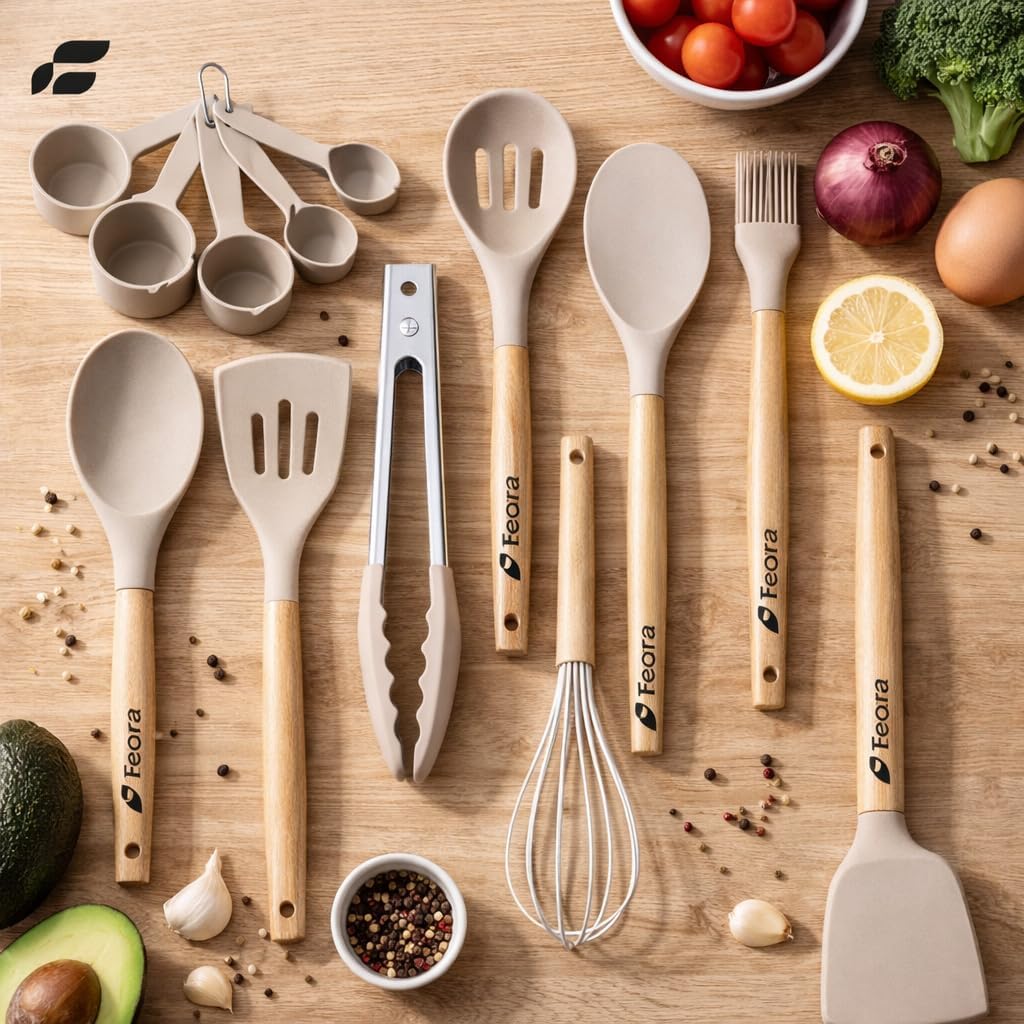 Silicone Kitchen Cooking Utensils Set, 33pcs – 446°F Heat Resistant, Non-stick, BPA-Free, Wooden Handles, Spatula, Turner, Tongs, Spoon, Brush, Whisk – Essential Cooking Gadgets (Khaki)