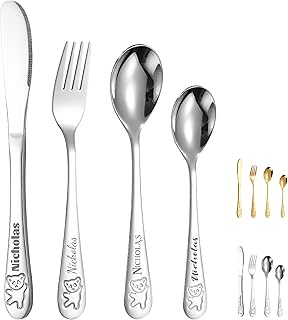 Customized Toddler 4pcs Set Tableware, BUGMKCS Personalized Kids Utensils and Toddler Supplies, 304 Stainless Steel Children Forks and Silverware with Name for Feeding, Kids Cutlery Set