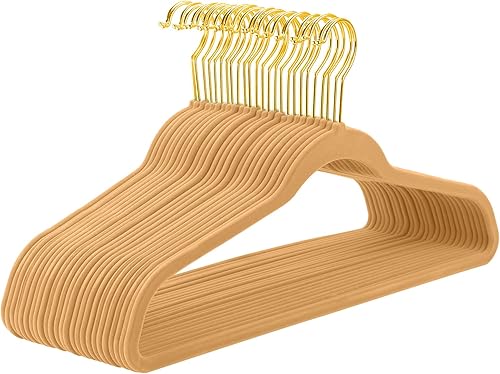 Miniatura 8 de MIZGI Paquete de 60 perchas de terciopelo gris, perchas de ropa doradas de alta calidad, perchas de fieltro antideslizantes, perchas grises