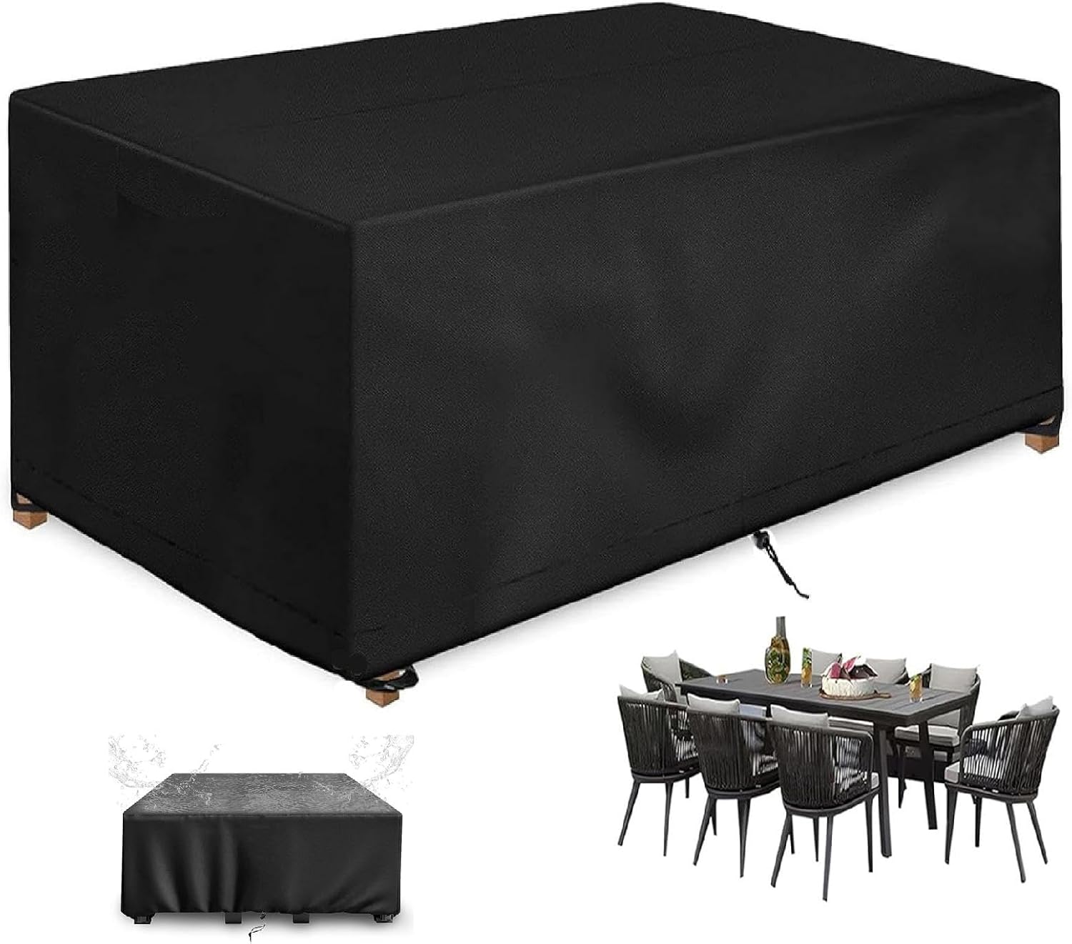 Outdoor Furniture Covers Waterproof 98"L x 35"W x 30"H, Heavy-Duty 420D Oxford Anti-UV Rectangle Table and Chair Cover, Patio Furniture Cover with Drawstring, Windproof Buckles, Black