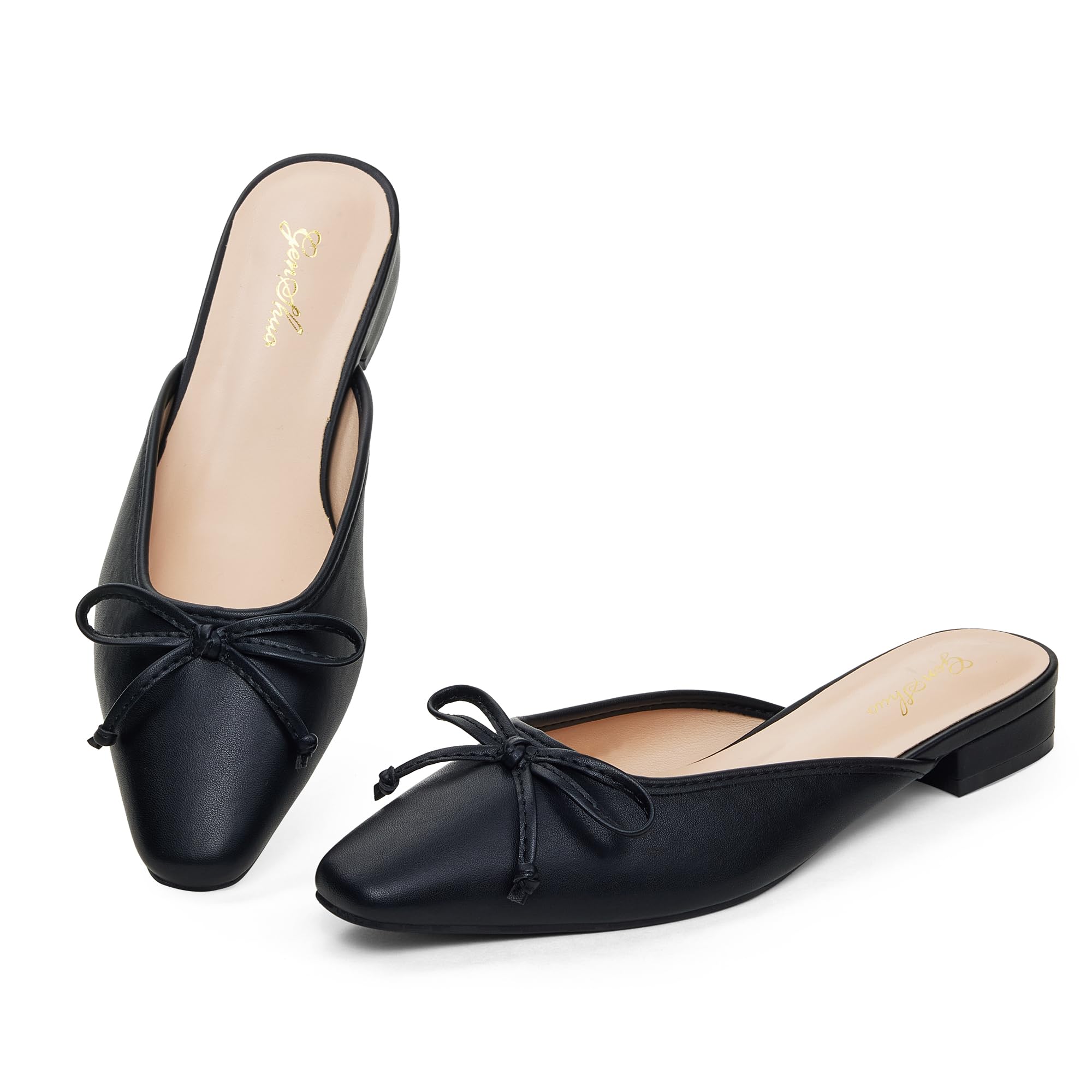 GENSHUO Pantoletten für Damen, Flache Schuhe, Bequeme Slipper für Damen mit Schleife und quadratischer Zehenpartie, geschlossene, süße, rückenfreie Loafer, Mules 36-42 EU