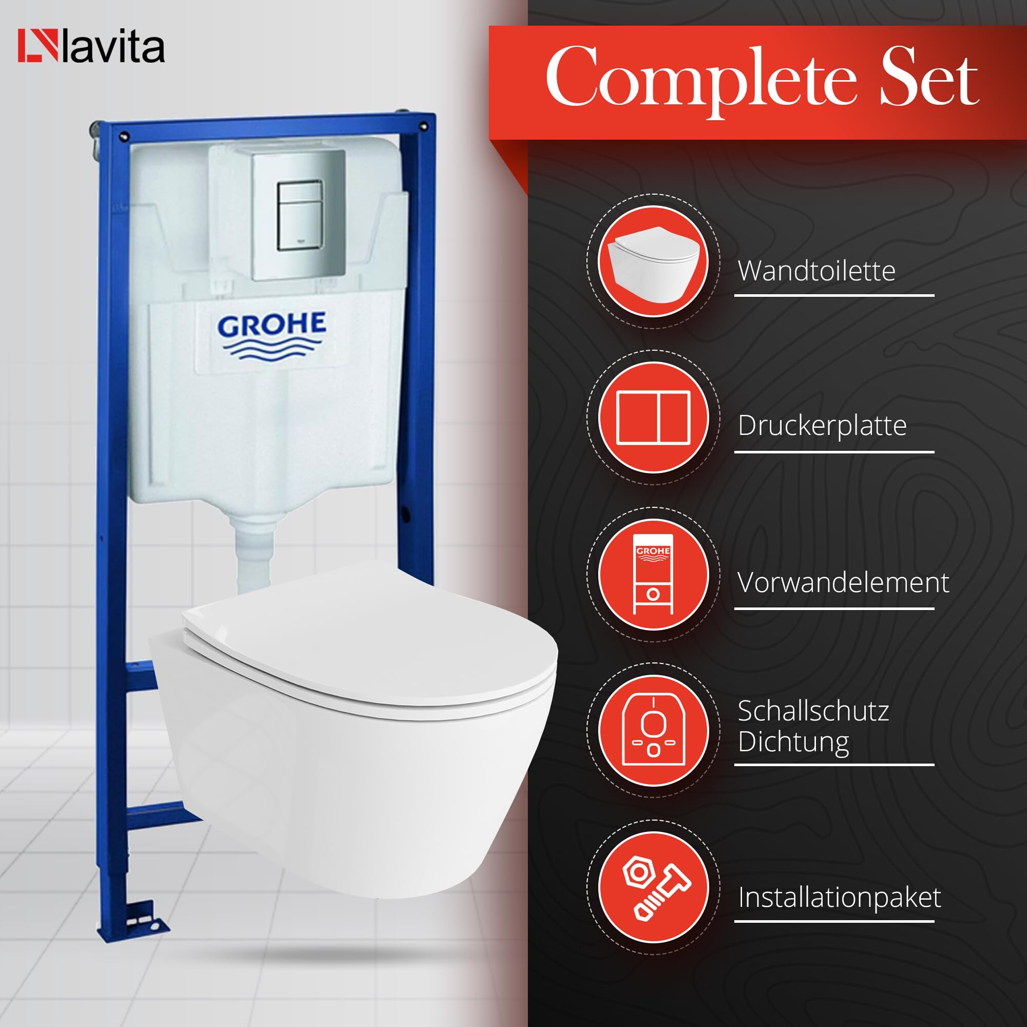 LAVITA Elemento da parete Solido + parete sospesa WC Praia bianco senza bordi + sedile WC SoftClose | pulsante cromato | Set completo | Cassetta di risciacquo da incasso | WC completo |