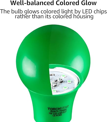 Miniatura 2 de TORCHSTAR Bombillas LED A19 verdes, 7 W (equivalente a 40 W), bombilla de color base E26, para el día de los veteranos, porche, iluminación del