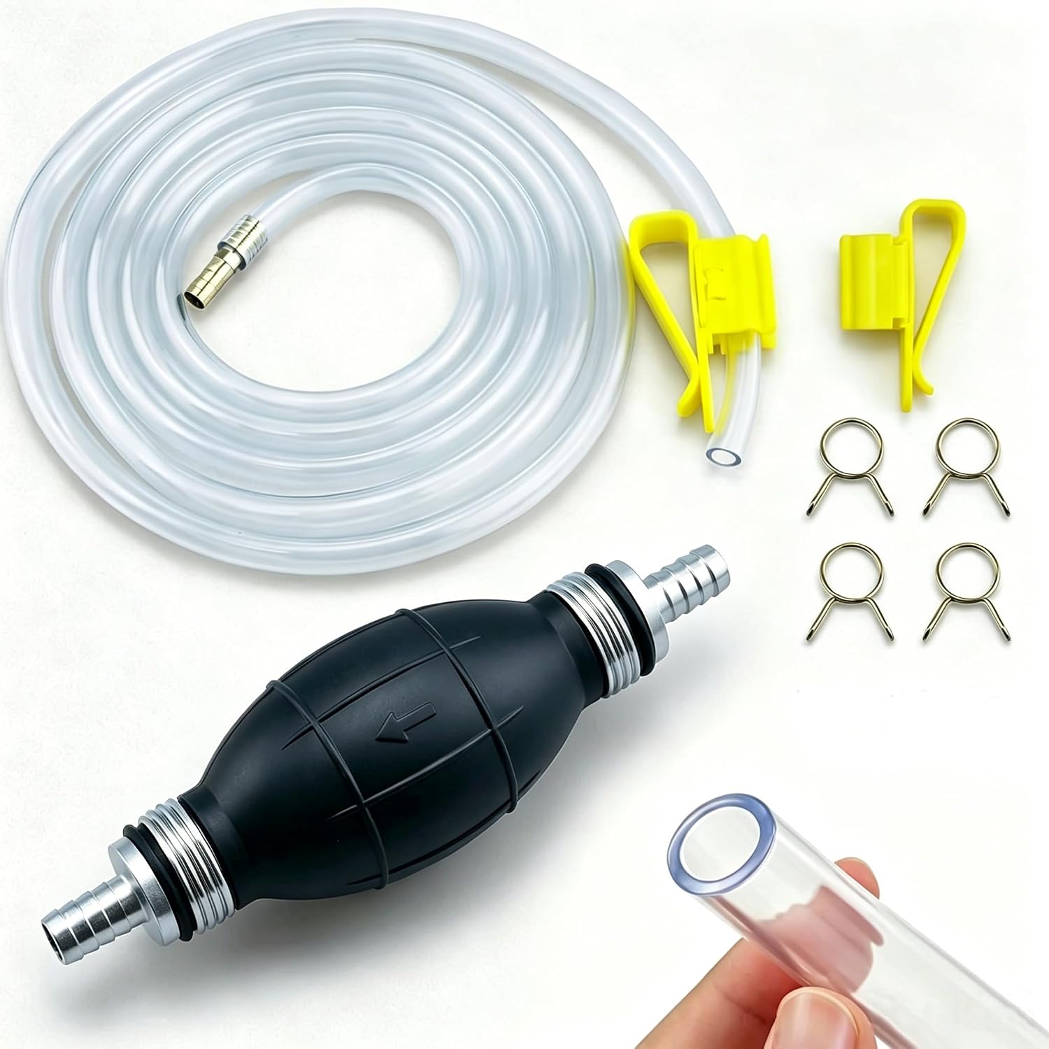 Fuel Transfer Pump, Portable Hand Gas Siphon Pump for Gasoline, Oil, Diesel, Water & Liquids High-Flow with 10FT PVC Hose, Brass Weight & Pinch Clip
