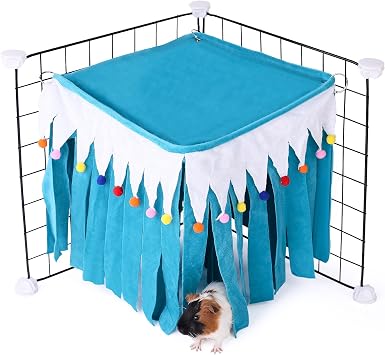 Guinea Pig Hideout - Guinea Pig Corner Hideout, Four-Sided Fringes, Square Top and Washable Hides, Ideal Hides for Small Pets, No Metal Fences, Blue