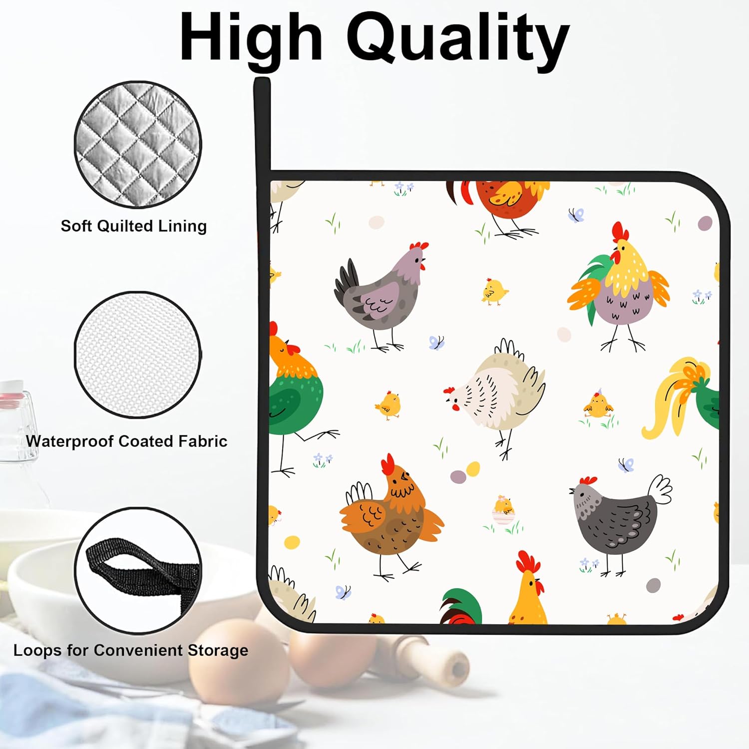 Cartoon Rooster Pot Holders Set of 2 Heat Resistant & Non Slip Potholders, Farm Chicken Oven Hot Pads for Kitchen Cooking Baking Barbecue - Image 3