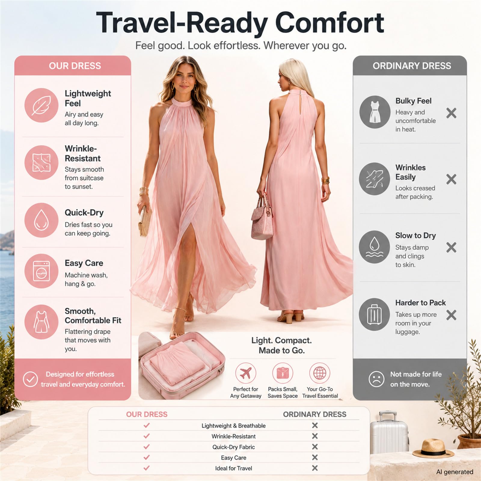 Abito lungo da donna con scollo all'americana e schiena scoperta, con spacco alto, in chiffon, estivo, per matrimoni, vacanze, cocktail party