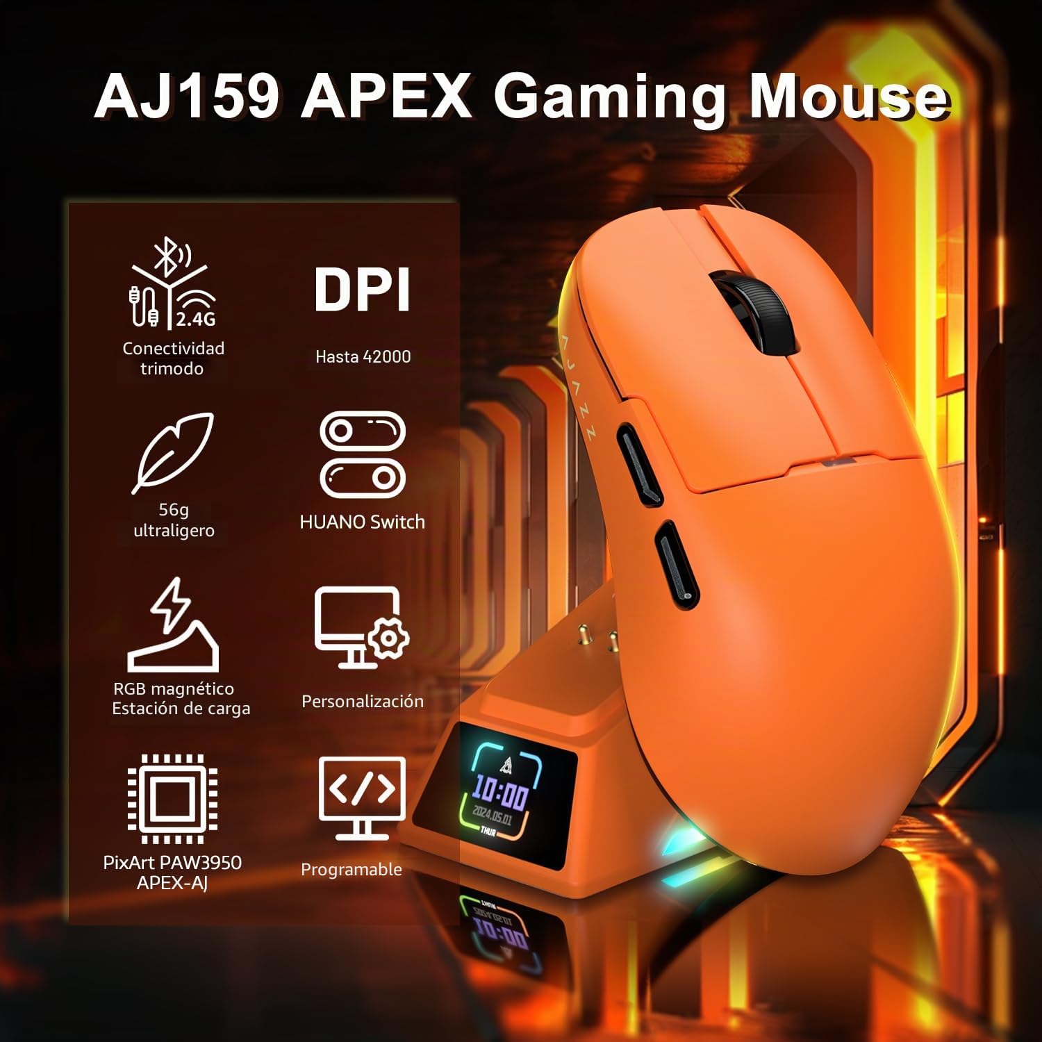 AJAZZ AJ159 APEX Ratón Inalámbrico para Juegos 8K, Base de Carga Magnética con Screen, Sensor Pixart PAW3950,Hasta 42K DPI,56g Ultralight,Interruptor HUANO de 100M Clics,Tri-Modo,para PC/MAC(Naranja)