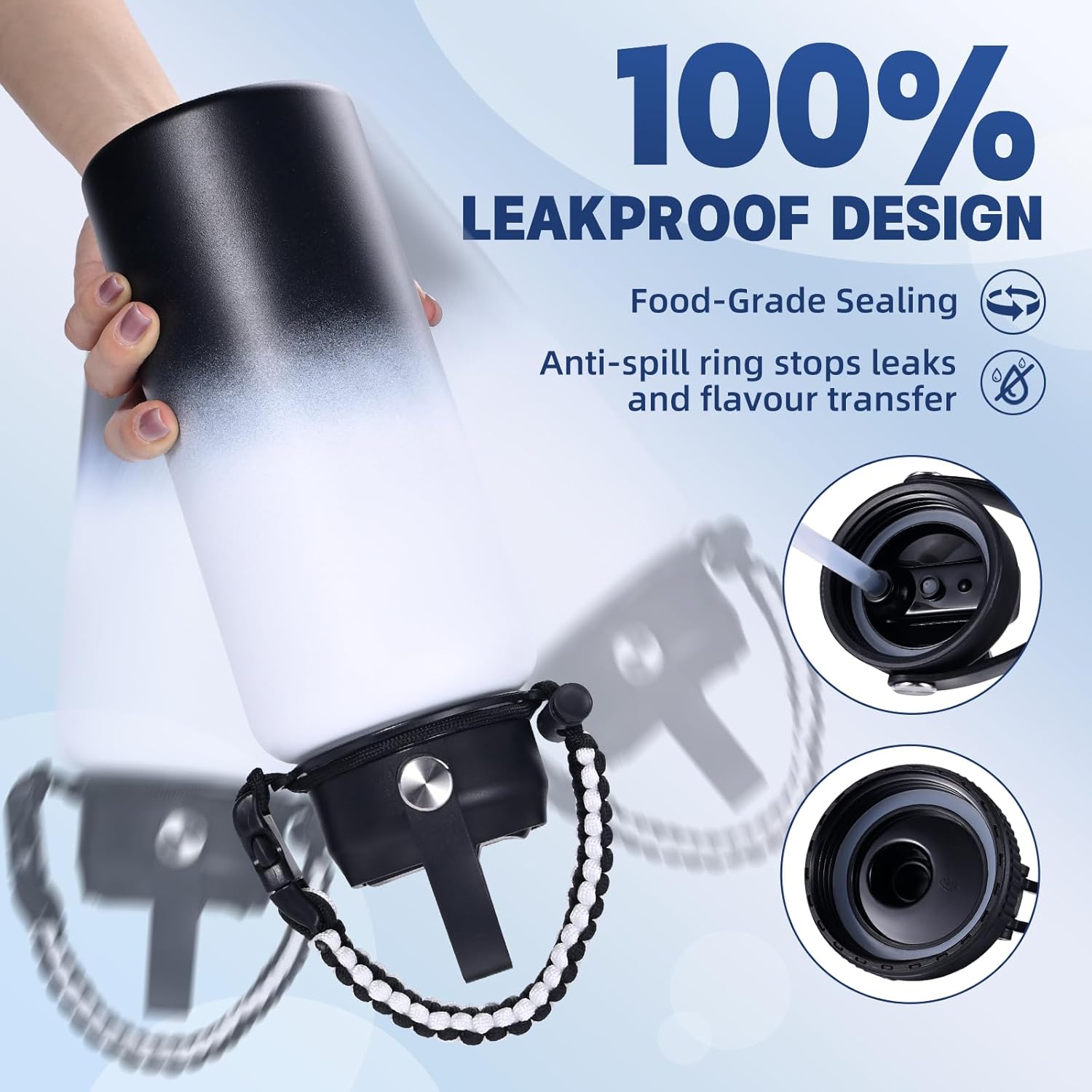 Insulated Water Bottle, 32 oz Stainless Steel Wide Mouth Water Bottles with 2 Leak Proof Lid and Paracord Handle, Double Wall Vacuum Insulated Sports Water Bottle, White Black - Image 7