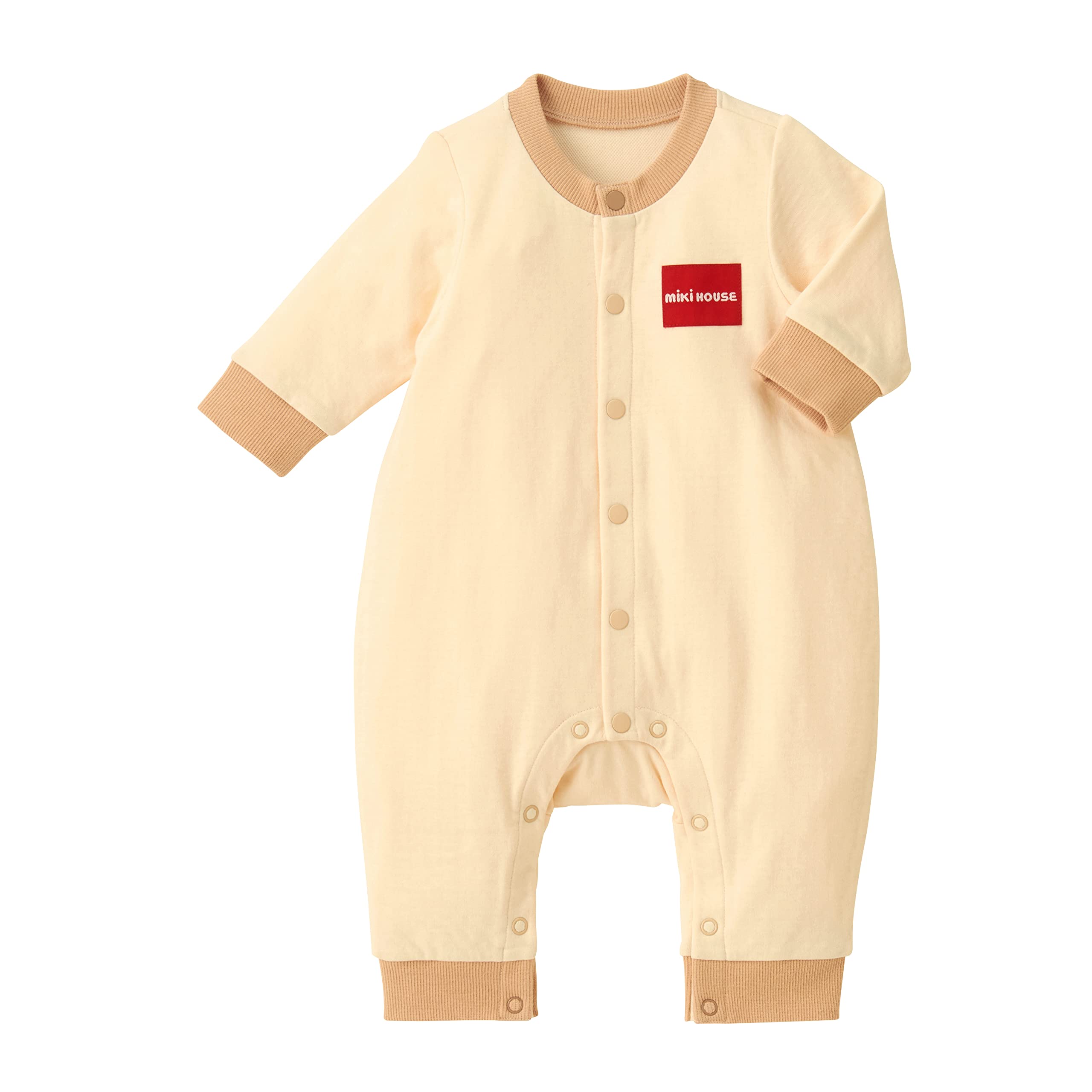 Miki House 10-1203-498 Long Sleeve Romper Coverall, Solid Color, Logo, Baby Clothes, Baby Clothes, Sustainable, Ivory, 70
