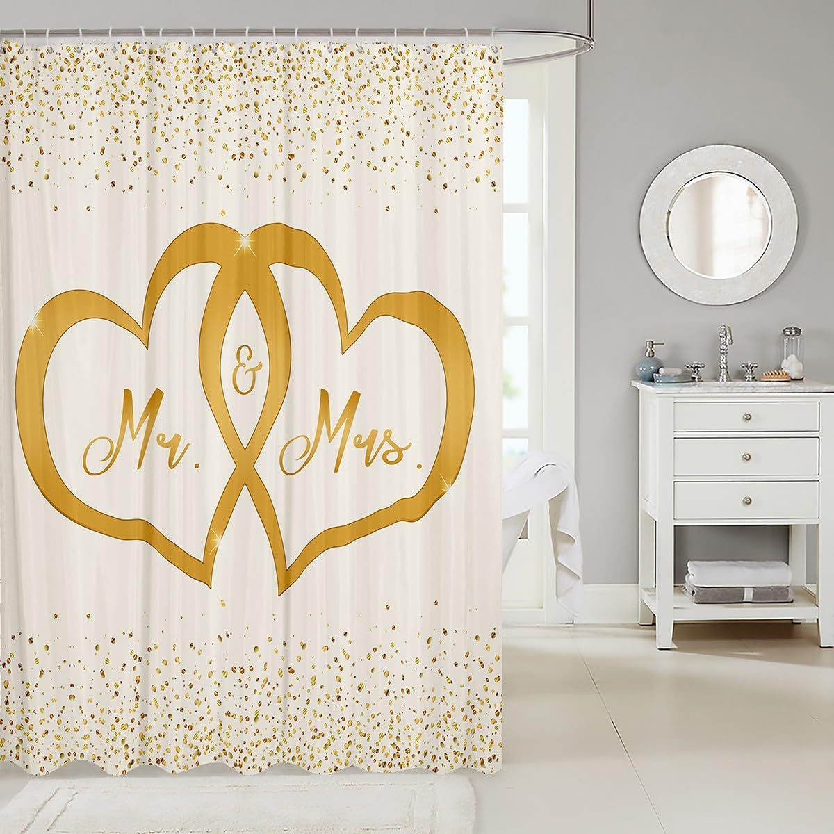 Mr And Mrs Shower Curtain, Gold Glitter Sequins Bath Curtain For Teens Adult Women, Love Heart Bathtub Shower Curtain 72" W X 78" L, Valentine'S Day Couple Washable Waterproof Decorative Bathroom