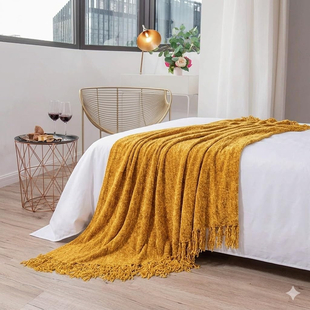 Cazimo Chenille Decorative Throw Blanket for Sofa & Chair | Super Soft All-Season Fringe Throw for Living Room | Fade Resistant, 60x50 Inches, Yellow