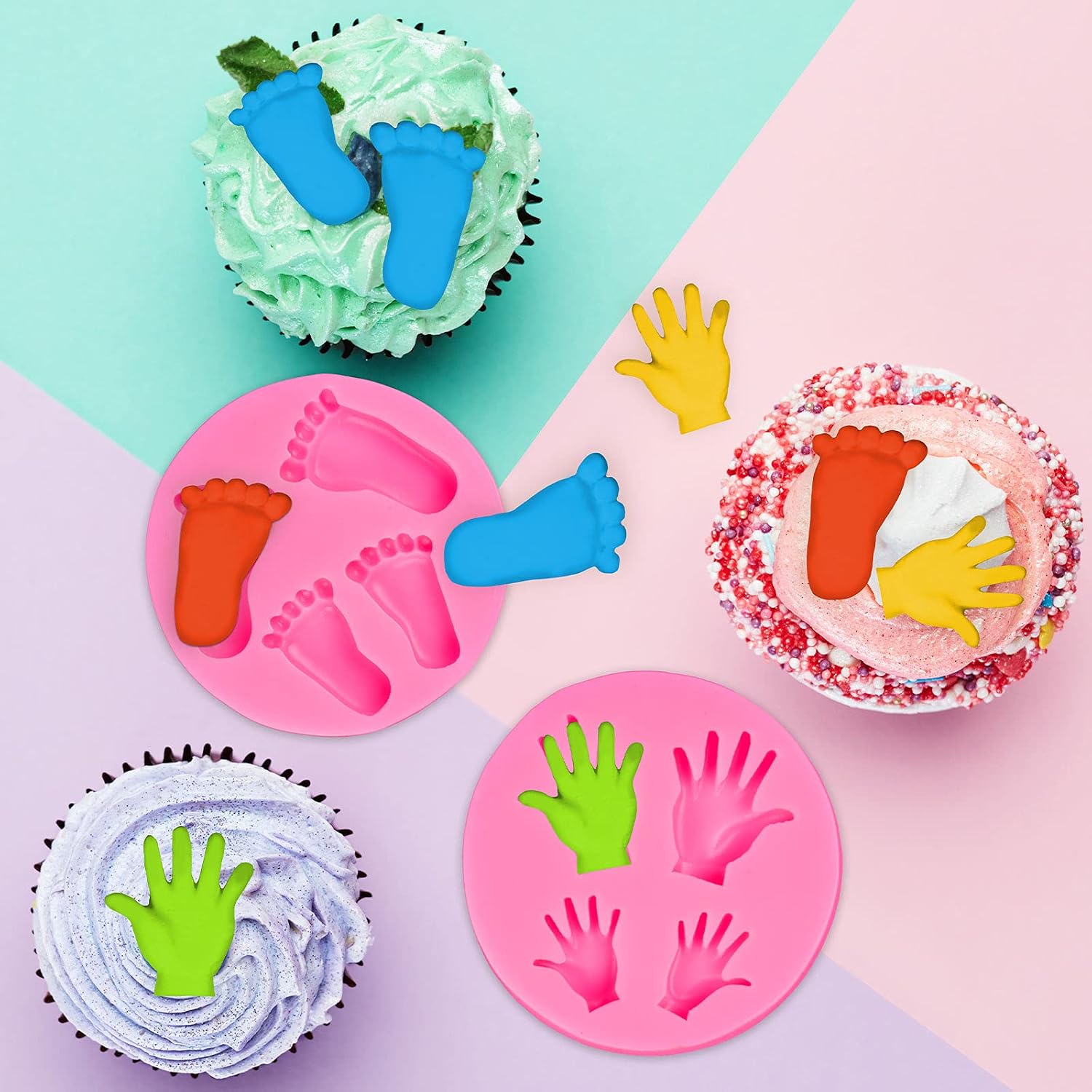 Whaline Silicone 3D Baby Feet Hands Mold Pink Chocolate Fondant Mould Baby Shower Candy Cake Topper Decoration DIY Baking Pudding Sugar Mould for Birthday Party Decoration 2pcs - Image 4