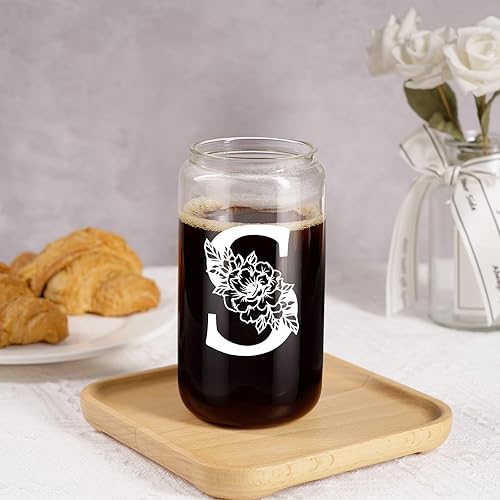 Miniatura 7 de Coolife Vaso de vidrio con inicial, regalos con monograma para mujeres, tazas de vidrio de 16 onzas con tapas y pajitas, café helado, batido, vaso