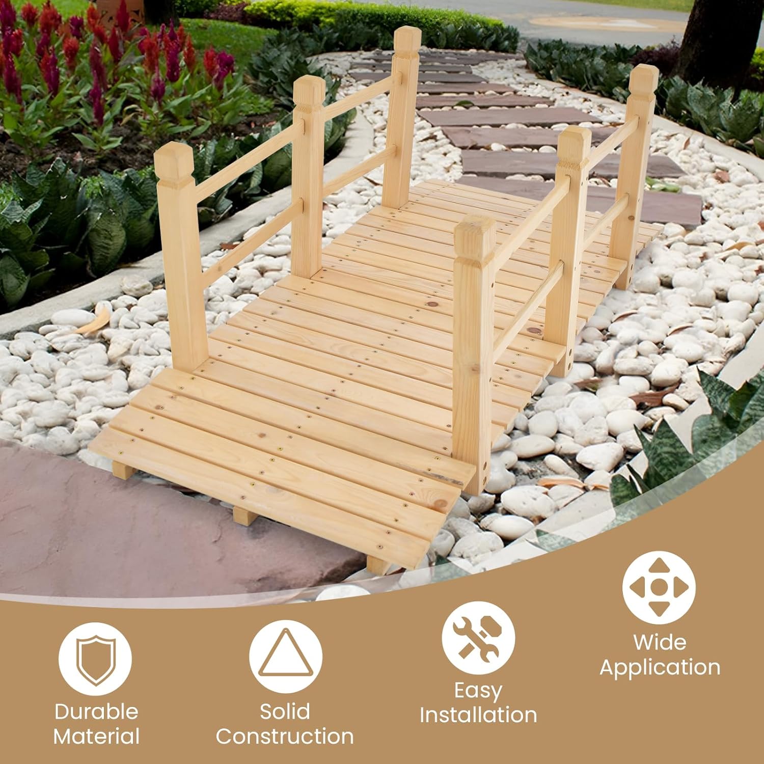 MAT EXPERT 5FT Wooden Garden Bridge, Sturdy Outdoor Pond Bridge with Safety Railings, Garden Pathway, Decorative Landscape Footpath for Backyard, Patio, Creek & Farm Decoration (Natural)