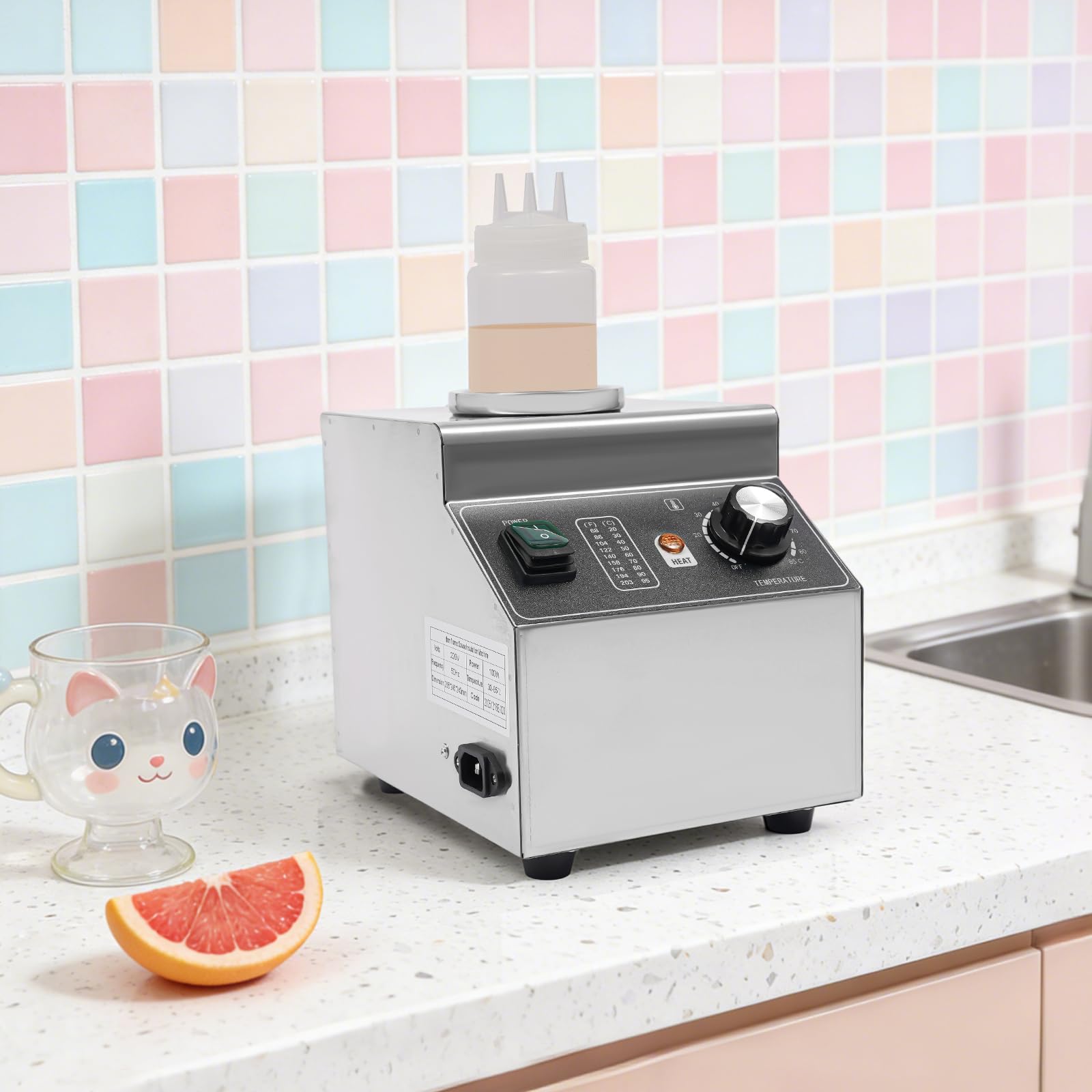 Scaldavivande elettrico con bottiglia da 680 ml, scaldavivande per cioccolato/formaggio, in acciaio inox, dispenser per salse con regolazione della temperatura 30-85 °C, 100 W, per ristoranti, caffè e