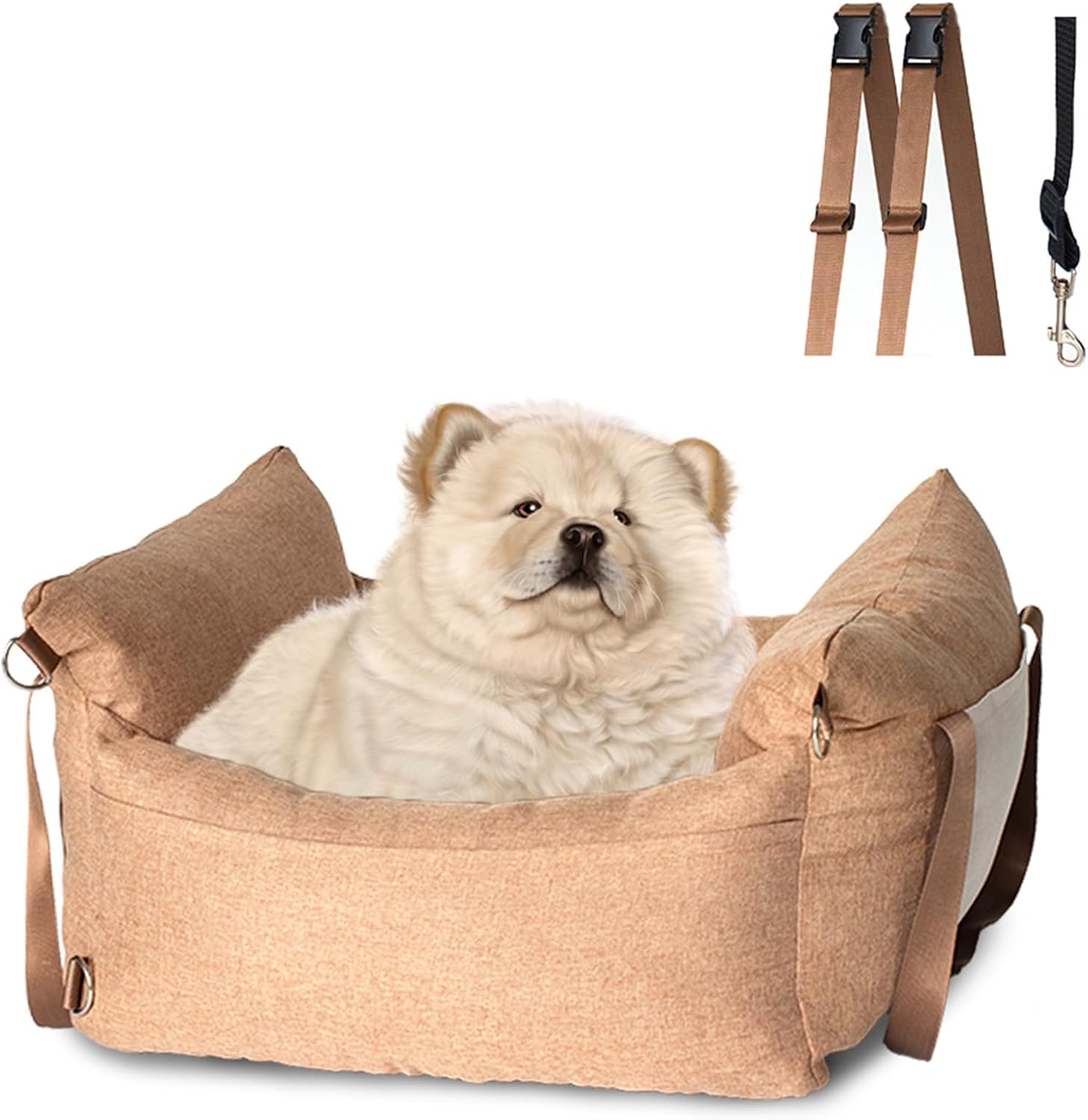 Pet Car Seat for Small Dogs Cats Detachable Washable Soft Booster Seats with Storage Pockets and Adjustable Clip-On Leash Travel Carrier Bed Safety for Back Seat with Soft Cushion Brown