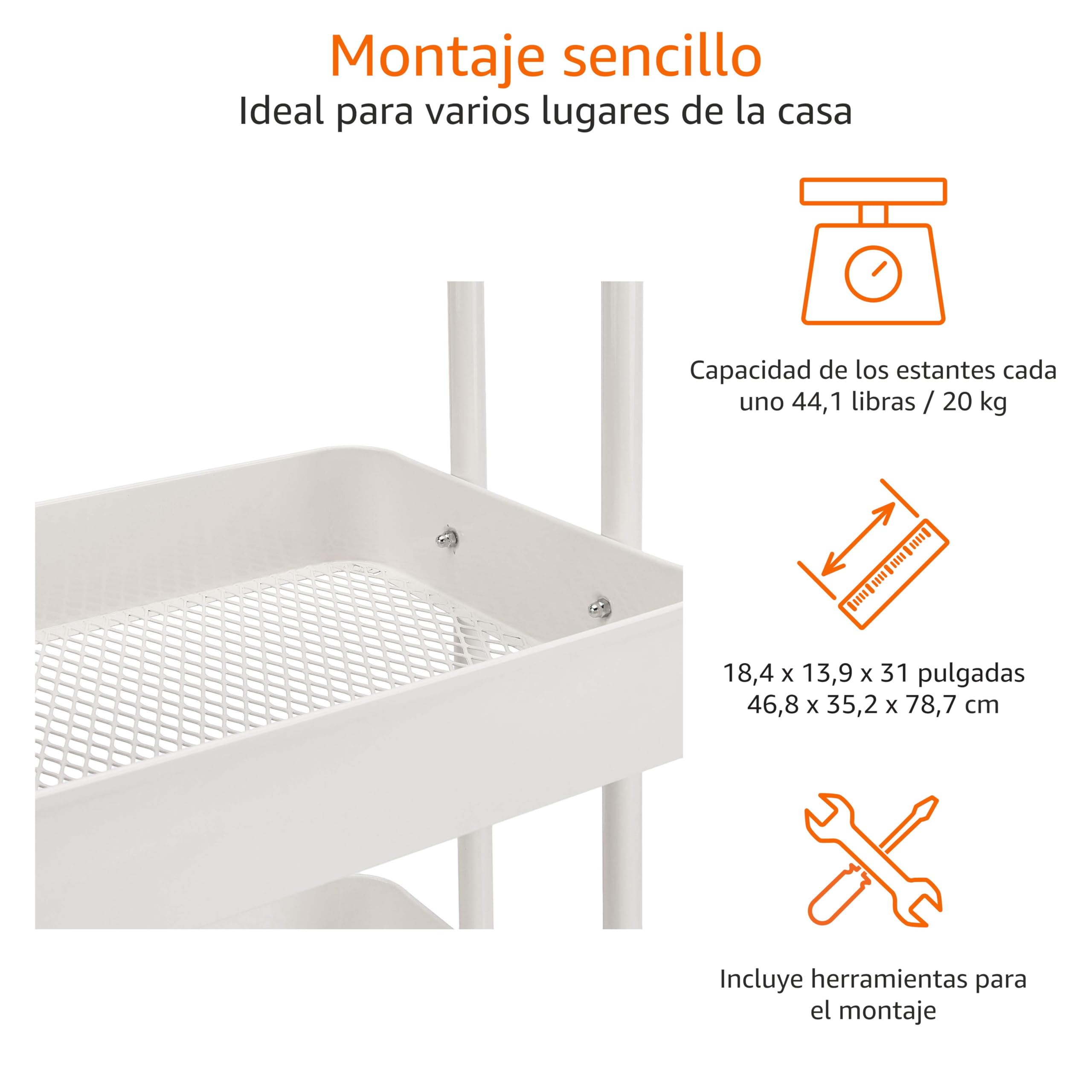 Amazon Basics Carrito de cocina o multiuso de tres niveles con ruedas en blanco — view 2