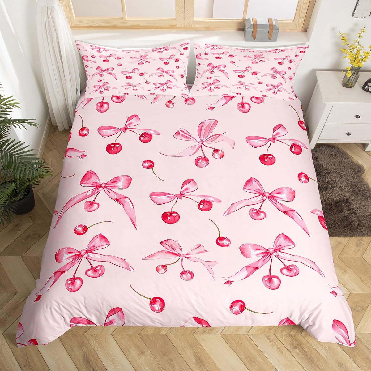 Loussiesd Kawaii Oriental Cherry Bedding Set Super King Size Girls Princess for Boys Girls Teens Bedroom Decor Watercolor Bow Duvet Cover Cute Fruit Breathable Soft Lightweight Microfiber 3 Pcs