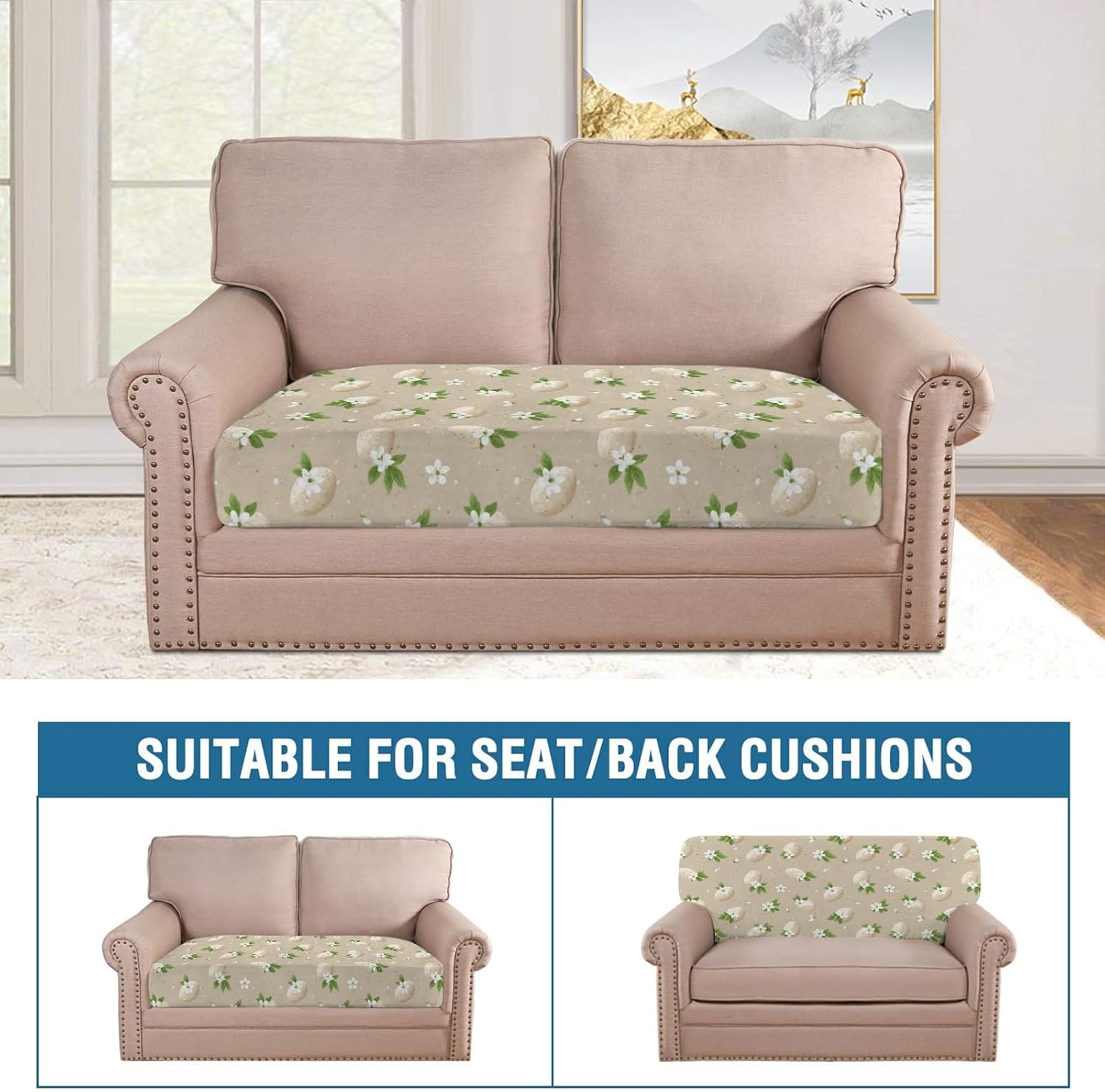 White Floral Egg Loveseat Covers Couch Covers for 2 Cushion Couch, 2-Piece Stretch Sofa Slipcovers Anti-Slip Washable Furniture Protectors for Dogs Pets