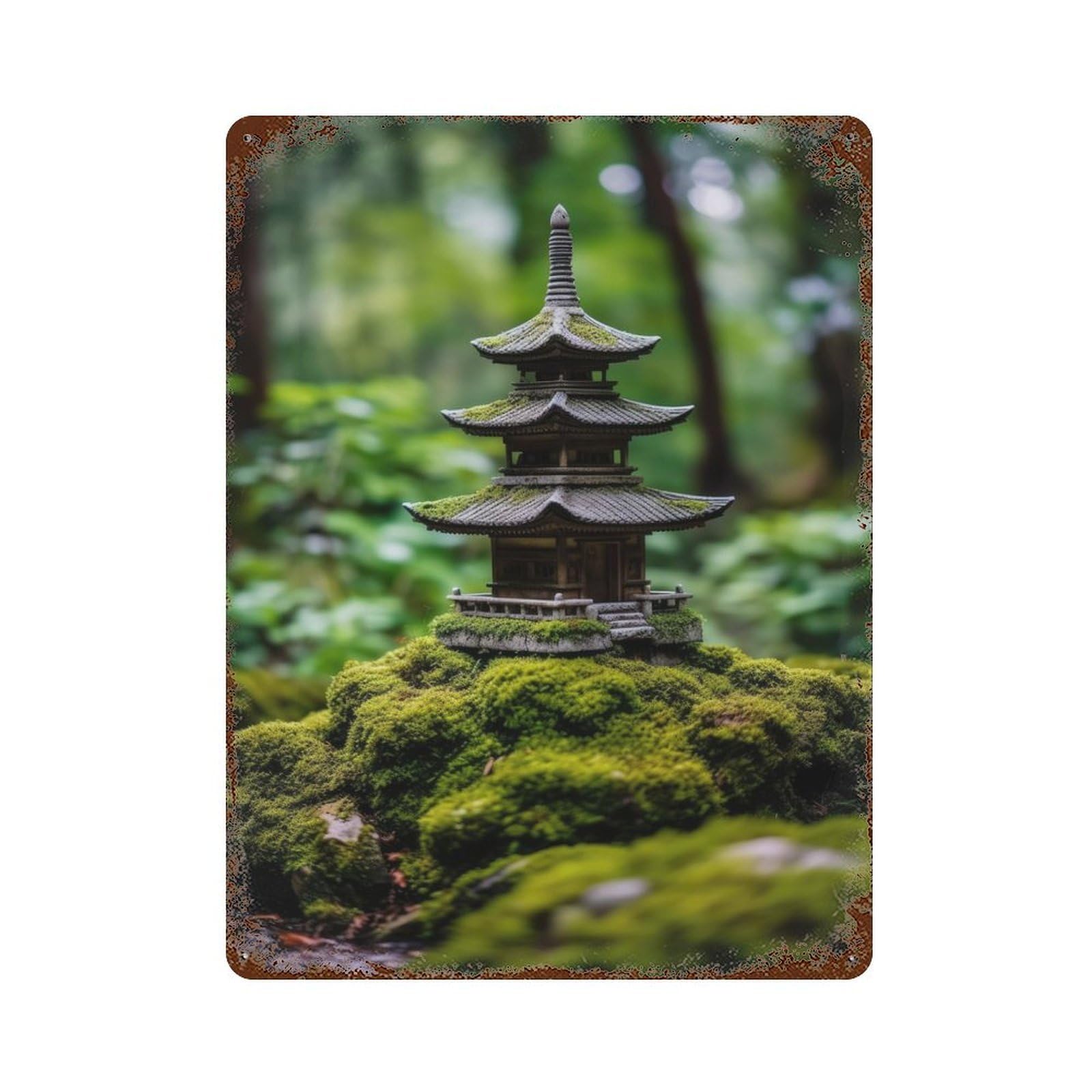 Zen Japanese Pagoda Temple Aged Metal Wall Plaque 15.7"x11.8", Farmhouse Wall Decor for Office, Studio And Wall Decor