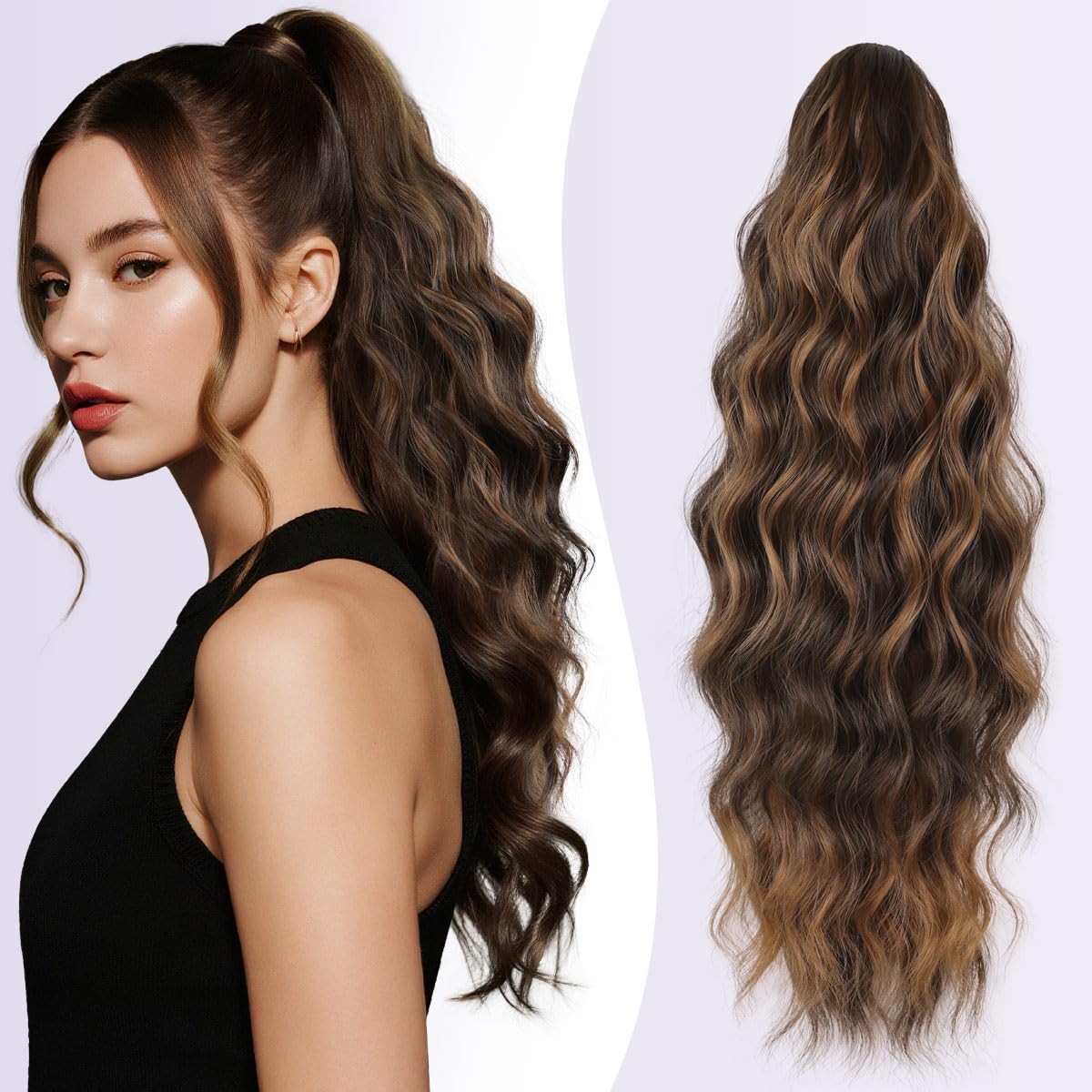 JIAMEISI Ponytail Extension 18 Inch Claw Clip Ponytail Hair Extensions Long Curly Wavy Highlight Jaw Clip in Pony Tails Extension Synthetic Fluffy Hairpiece for Women (Dark Brown with Auburn Blonde)