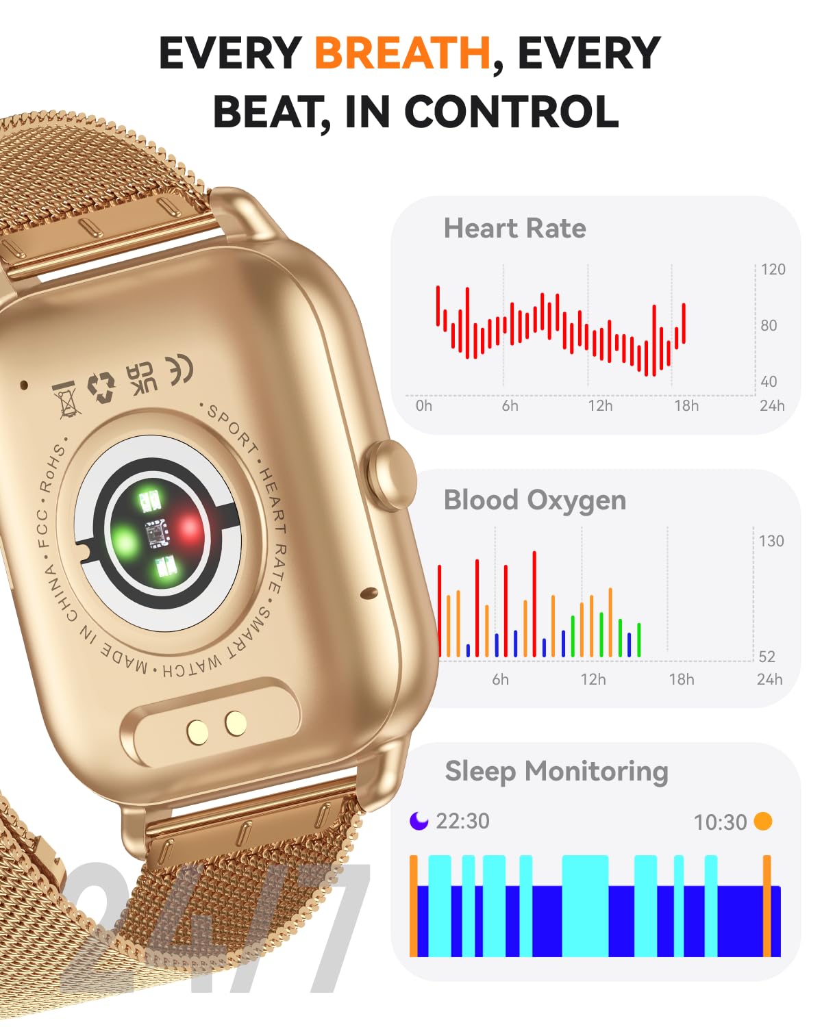 Relojes inteligentes para hombres y mujeres, rastreador de fitness con contador de actividad/monitor de sueño, IP68 resistente al agua para Android, iPhone iOS (funda de arena cálida con correa dorada